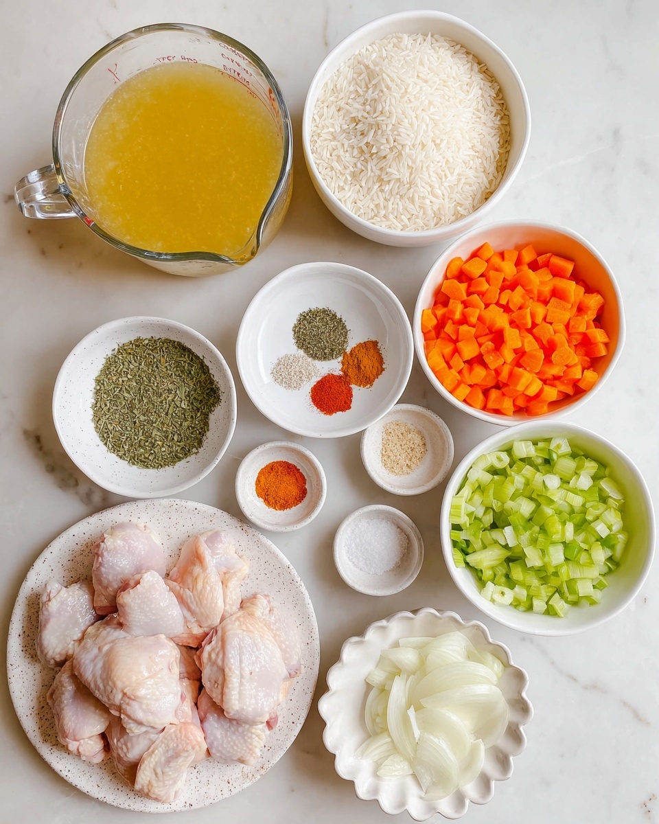 The image shows eight bowls and a white plate arranged on a white marbled surface, each holding a different ingredient. Starting from the top left, there is a clear measuring cup filled with light yellow broth. Next to it on the right, a white bowl is filled with bright orange diced carrots. Further right is another white bowl holding dry white rice. Below the measuring cup is a small white dish with green dried herbs. To the right of it is a white bowl filled with chopped light green celery. Beside it is a scalloped white bowl containing various powdered spices in sections: white salt, black pepper, red paprika, yellow powder, green dried herbs, and red chili flakes. Below the herbs is a small white dish with sliced white garlic. At the bottom right, a white bowl holds chopped white onions. To the bottom left, a white speckled plate holds five raw chicken pieces with pink skin and light fat. Everything is laid out neatly with good lighting. photo taken with an iphone --ar 4:5 --v 7