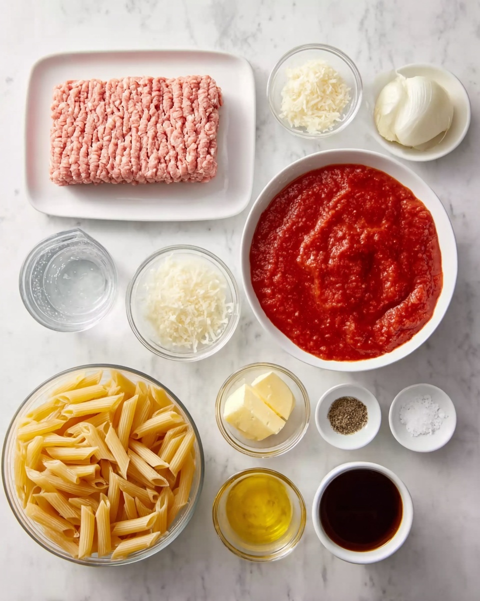 The image shows a white plate with neatly arranged raw ground meat shaped into a rectangle with light pink and beige colors at the top left. Next to it is a white bowl filled with bright red tomato sauce with a thick texture, placed on a white marbled surface. Surrounding these are small clear glass bowls and white small dishes holding yellow butter, white chopped onions, minced garlic, grated cheese, black pepper, salt, and a small amount of olive oil. There is also a clear glass container with water and a small cup of dark brown liquid, all neatly arranged. At the bottom left, a clear bowl contains uncooked penne pasta with a pale yellow color. The whole setup is clean and organized, with ingredients ready to be cooked. photo taken with an iphone --ar 4:5 --v 7