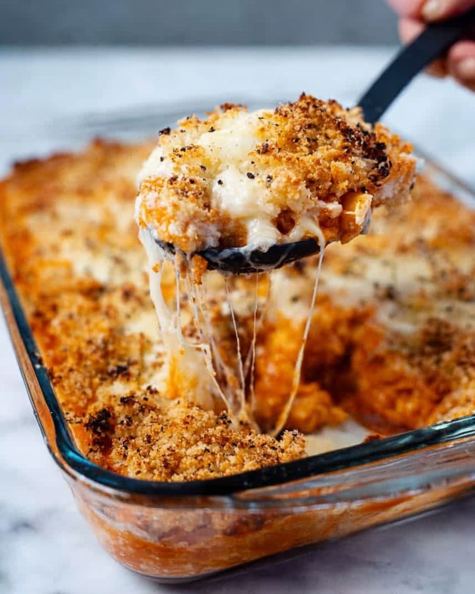 A clear glass baking dish filled with a cheesy baked dish is shown on a white marbled surface. The dish has three main layers visible: at the bottom, a rich orange sauce, followed by a gooey white melted cheese layer, and topped with a crumbly golden brown crust. A woman's hand holds a black spoon scooping a portion from the dish, lifting the layers to show the melted cheese stretching in strings between the spoon and the remaining food. The crust has a crunchy texture with specks of black seasoning. The overall look is warm and inviting, with a mix of smooth, melted, and crispy textures. photo taken with an iphone --ar 4:5 --v 7