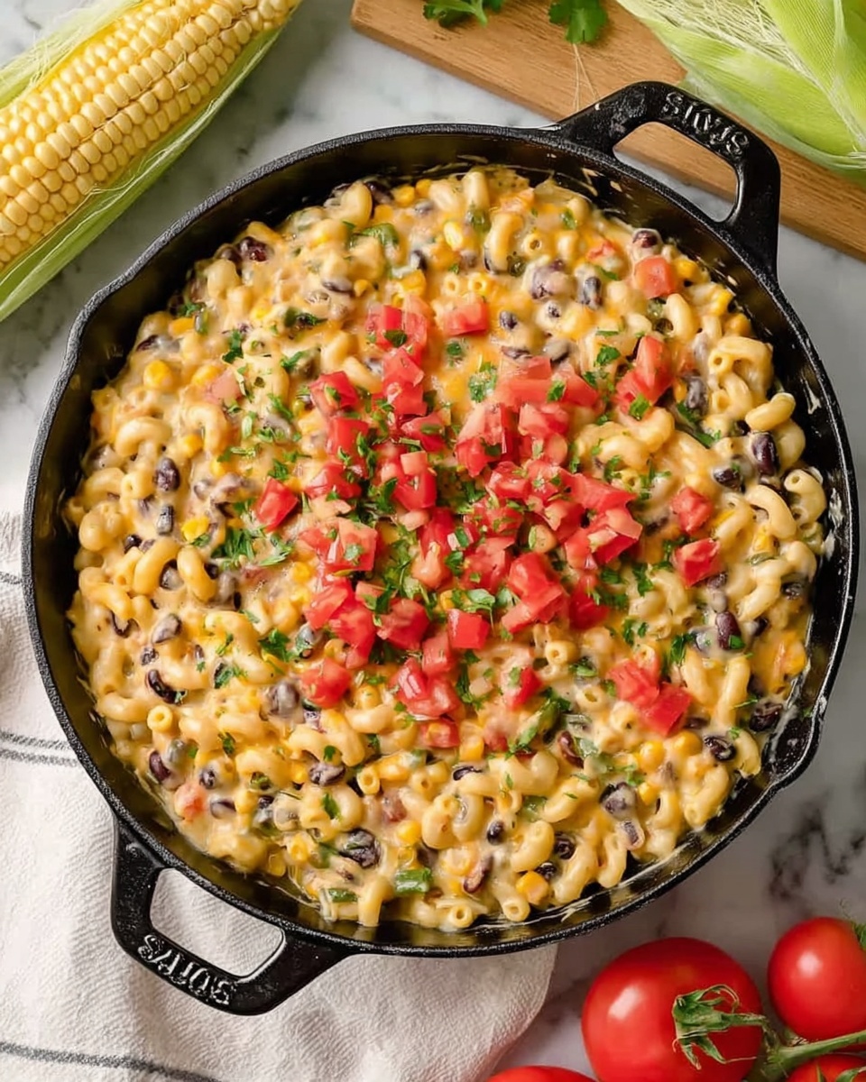 In a black Staub skillet, there is a creamy macaroni dish with small elbow pasta mixed with black beans, corn, and bits of green herbs evenly spread throughout. On top, the dish has a layer of diced red tomatoes and chopped fresh green herbs scattered across the creamy, pale yellow and orange cheesy surface. The skillet is placed on a white cloth on a white marbled surface with corn still in its husk and fresh red tomatoes with green stems nearby. Photo taken with an iphone --ar 4:5 --v 7