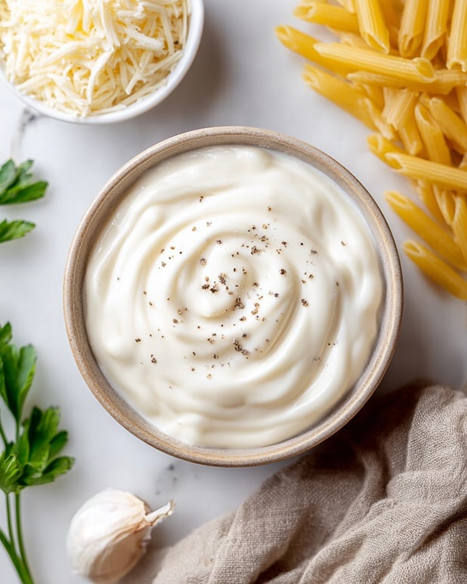 The image shows a small bowl filled with thick, smooth white sauce with a swirl pattern on the surface, topped with small black pepper flakes. Around the bowl, there is a white marbled surface featuring uncooked yellow pasta sticks on the top right, a small white bowl filled with shredded pale yellow cheese on the top left, a sprig of green parsley on the bottom left, a whole garlic clove near the parsley, and a wrinkled beige cloth on the bottom right. photo taken with an iphone --ar 4:5 --v 7