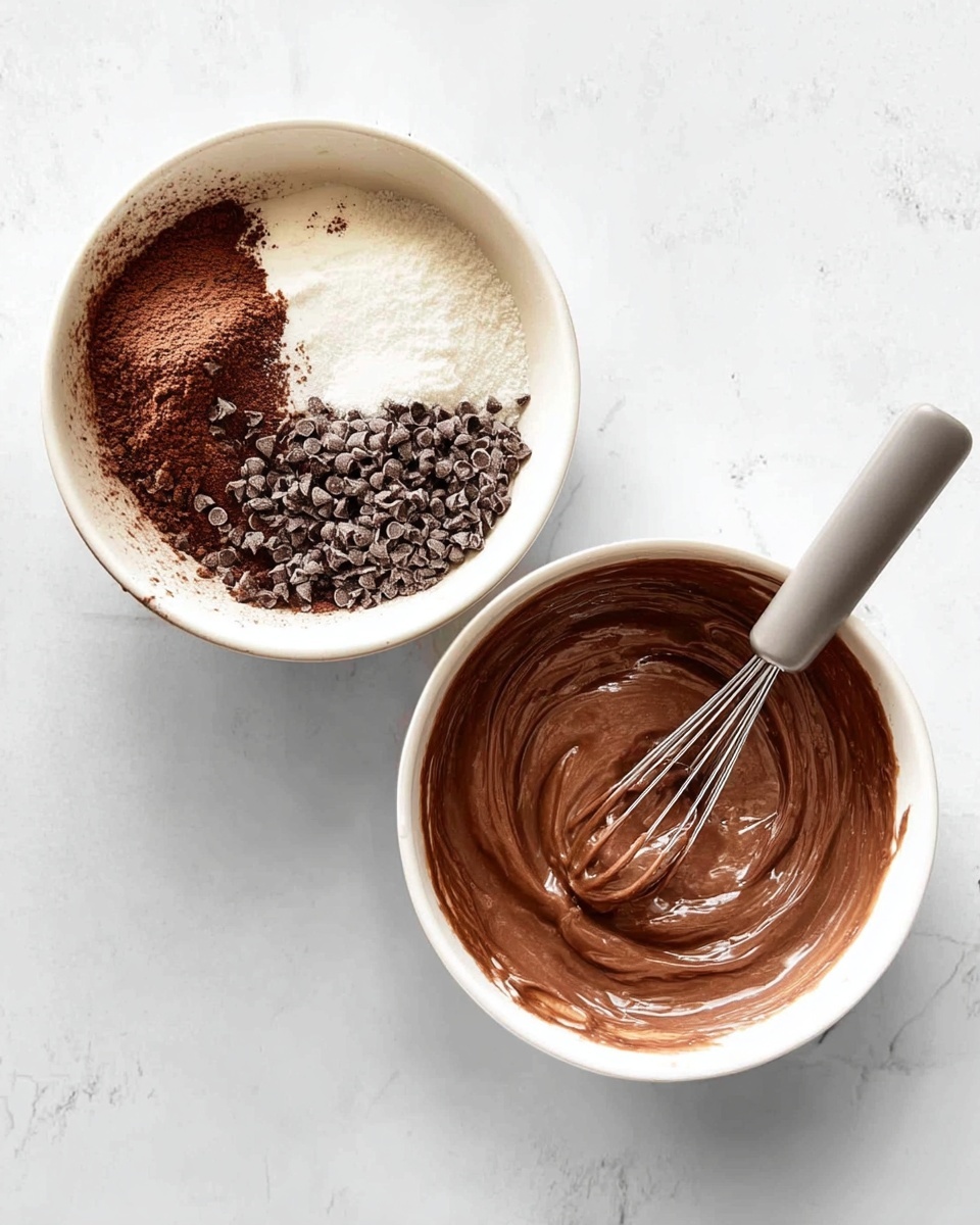 The image shows two white bowls on a white marbled surface. The bowl on the left contains dry ingredients, including cocoa powder, sugar, and small chocolate chips layered unevenly, with a creamy white substance partially mixed in the center. The bowl on the right contains smooth, creamy chocolate mixture being stirred by a whisk with a gray handle, showing swirls and a shiny texture. photo taken with an iphone --ar 4:5 --v 7