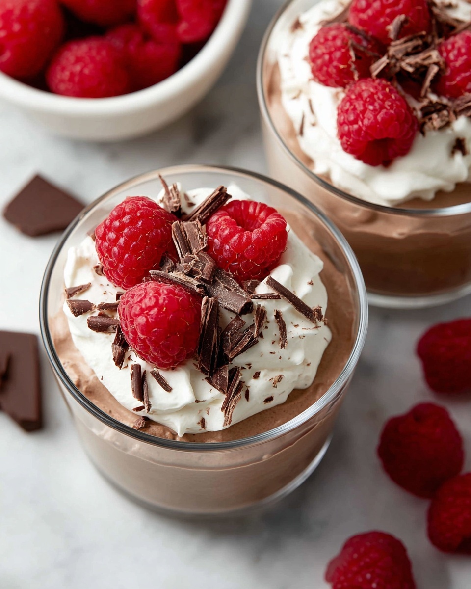 The image shows two glass cups filled with three layers: the bottom layer is creamy, smooth chocolate mousse with a light brown color; the middle layer is topped with a dollop of white whipped cream; the final layer on top consists of fresh, bright red raspberries placed on the whipped cream, along with small pieces of dark chocolate curls sprinkled over the cream and mousse. The cups are sitting on a white marbled surface, and nearby there is a small white bowl filled with more red raspberries and pieces of chocolate. photo taken with an iphone --ar 4:5 --v 7