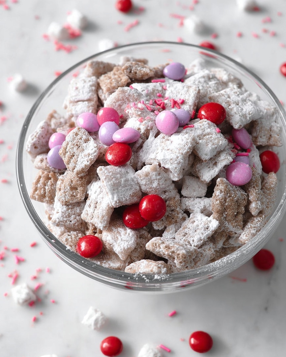 A white bowl filled with small square cereal pieces covered in light powdered sugar, mixed with round candy-coated chocolates in pink, red, and white colors scattered evenly throughout the bowl; the bowl is placed on a white marbled surface with a blurred pink and red polka dot cloth in the background, photo taken with an iphone --ar 4:5 --v 7