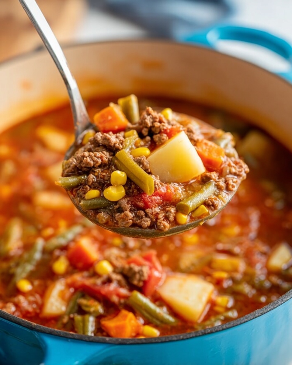 A close-up view of a blue pot filled with thick beef and vegetable soup, showing a spoon lifting a portion of the soup. The soup is packed with a mix of brown ground beef, bright yellow corn kernels, diced white potatoes, orange carrot pieces, green beans, and chunks of red tomato in a rich reddish-brown broth. The background has a soft focus with warm lighting, and the pot rests on a white marbled surface. A woman's hand is holding the spoon, lifting the chunky, colorful mixture. photo taken with an iphone --ar 4:5 --v 7