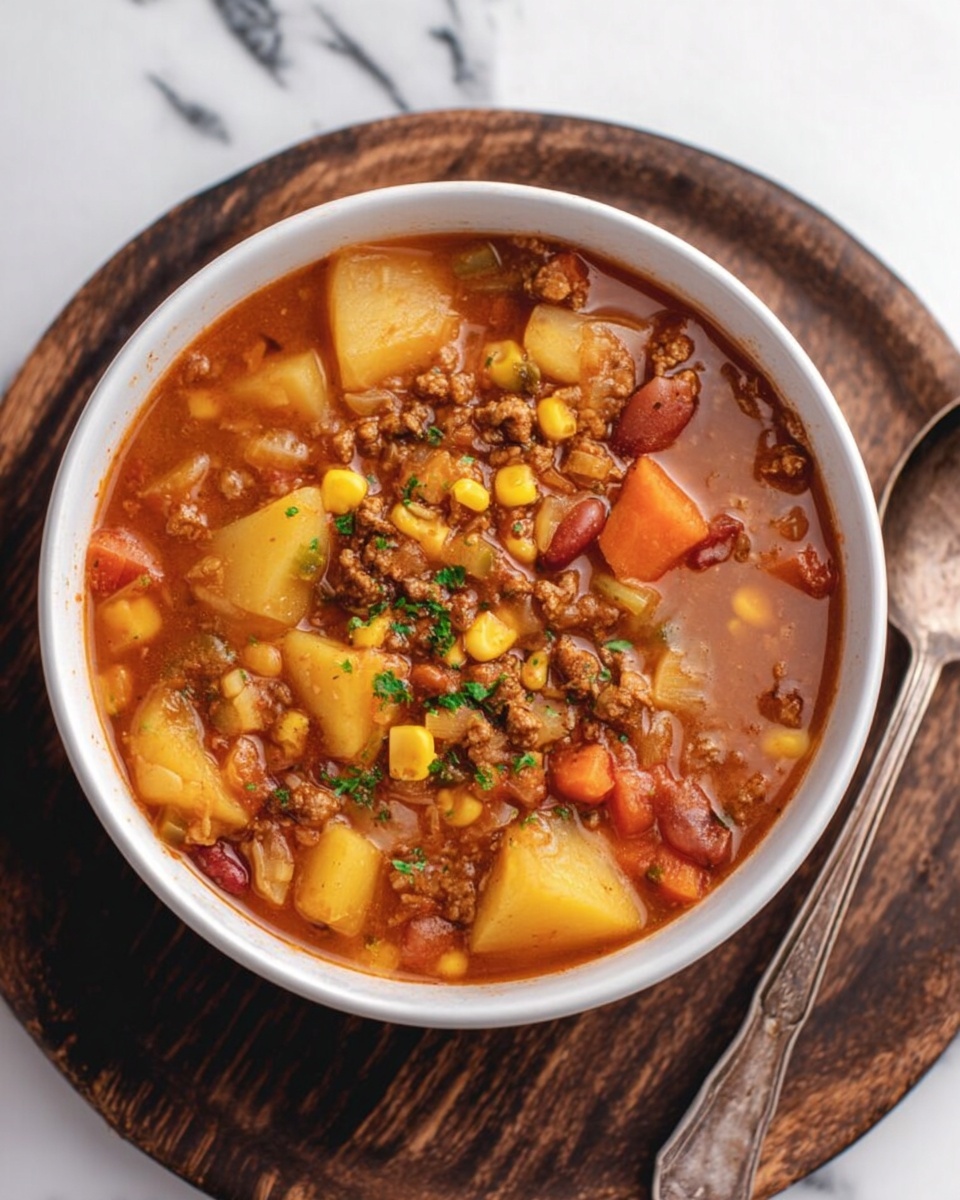 The image shows a white bowl filled with a thick stew that has a rich reddish-brown broth. The stew has many layers of chunky ingredients scattered throughout: yellow potato pieces near the top and edges, orange carrot slices, light yellow corn kernels, small red beans, green herbs sprinkled across the surface, and small bits of brown ground meat. The textures vary from soft chunky vegetables to tender meat mixed in the broth. The bowl is placed on a dark wooden round board, and a rustic silver spoon lies to the right on a white marbled surface. photo taken with an iphone --ar 4:5 --v 7