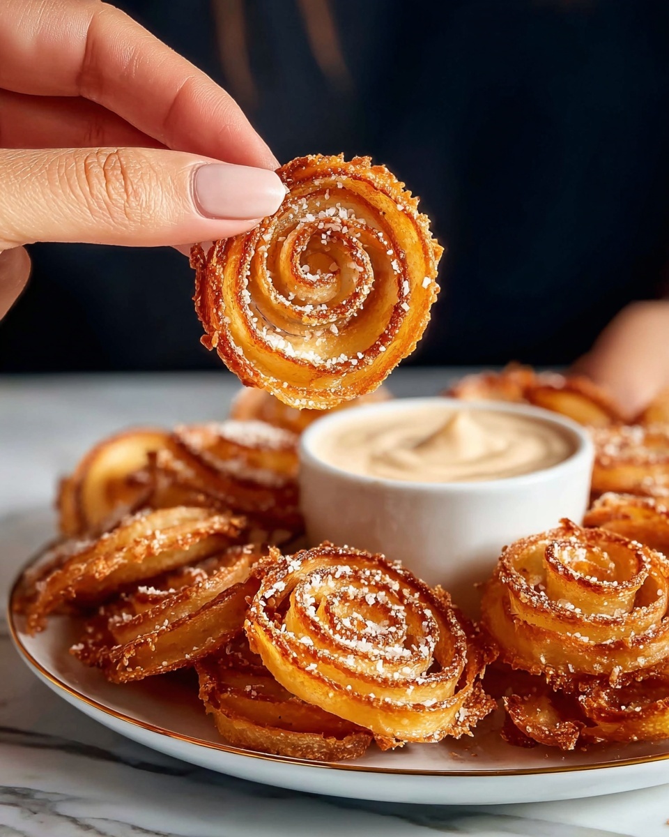 A woman's hand is holding a single round, golden-brown crispy snack that looks like a thin spiral with slightly darker brown edges and sprinkled with white crumbs. Below the hand, many similar snacks with a crunchy texture are piled on a white plate with a gold rim, placed on a white marbled surface. Next to the snacks, there is a small white bowl filled with a creamy light beige sauce. The background is dark, making the warm color of the snacks stand out. Photo taken with an iphone --ar 4:5 --v 7