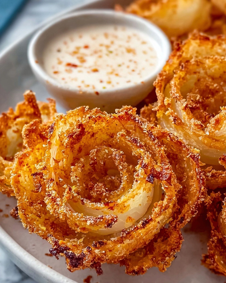 The image shows close-up of crispy onion rings shaped like flowers, with many thin layers of golden brown and slightly charred onion petals. Each onion ring has a crunchy texture with some light orange seasoning sprinkled on top. The rings are placed next to a small white bowl filled with smooth white dipping sauce that has tiny red specks on it. The whole scene is set on a white marbled surface with part of a white plate visible. The warm golden color of the onions contrasts with the cool creaminess of the sauce. photo taken with an iphone --ar 4:5 --v 7