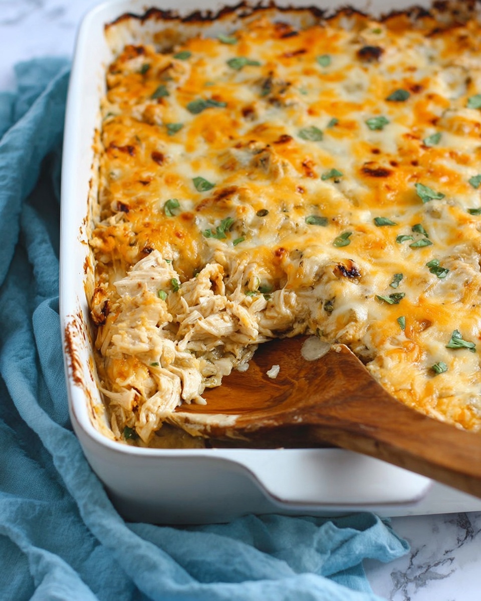 The image shows a baked casserole in a white dish with a wooden spoon scooping some out from the bottom right corner. The casserole has a top layer of melted cheese with golden brown spots and some green herb bits scattered over it. Underneath the cheese layer is a creamy, textured mix of shredded chicken and other light-colored ingredients. The edges of the baking dish have some browned baked-on bits. The dish sits on a white marbled surface with a soft blue cloth around it. photo taken with an iphone --ar 4:5 --v 7