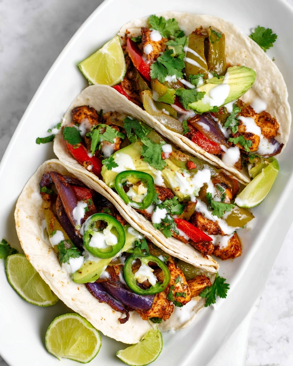 Three soft white corn tortillas are filled with layers of grilled brownish-orange seasoned chicken, sautéed red and green bell peppers, and caramelized purple onions. On top, there are sliced green jalapeños, fresh green cilantro leaves, and slices of light green avocado. White sour cream is drizzled over the filling. The tacos are served on a white oval plate with wedges of bright green lime around the edges. The plate is placed on a white marbled surface. Photo taken with an iphone --ar 4:5 --v 7