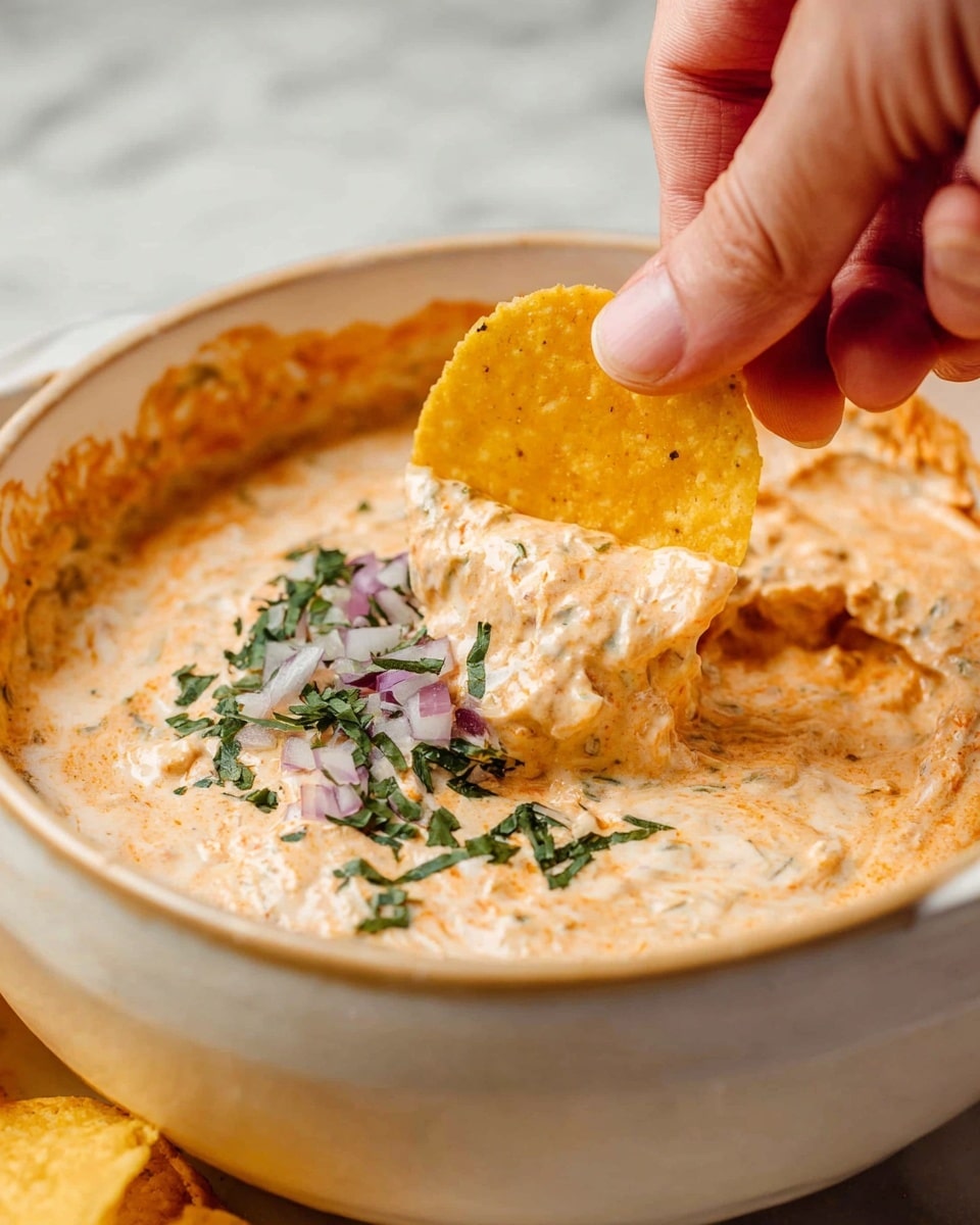 A close-up view of a white ceramic bowl filled with thick, creamy, light orange dip that has a slightly grainy texture. The dip is topped with a sprinkle of small chopped dark green herbs and bits of purple onion, arranged in a strip near the side. A woman's hand is holding a round, yellow tortilla chip, which is partially dipped into the creamy mixture, showing how thick the dip clings to the chip. The bowl is set on a white marbled surface, and the creamy dip has traces around the rim of the bowl. photo taken with an iphone --ar 4:5 --v 7
