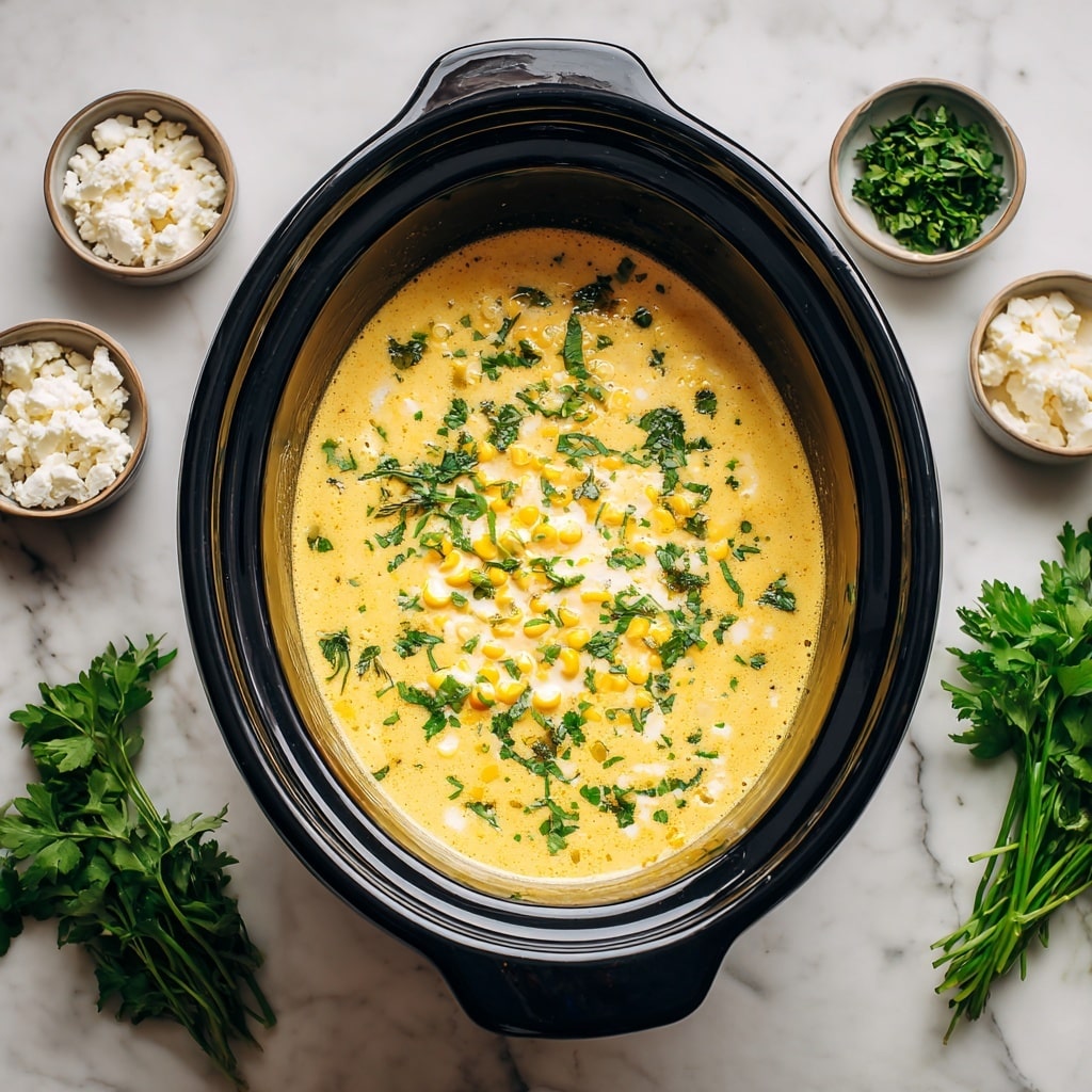 A black slow cooker filled with creamy yellow soup that has small chunks of corn and green herbs scattered throughout. Around the cooker, there are small white bowls holding chopped reddish-brown bacon, white crumbled cheese, and fresh green herbs. The whole scene is set on a white marbled surface, giving it a clean and bright look. photo taken with an iphone --ar 4:5 --v 7