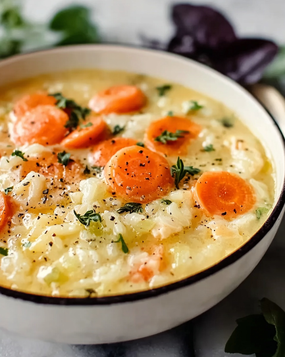 A close-up view of a white bowl with a thin black rim, filled with thick soup. The soup has two main layers: the bottom is creamy and pale yellow with small soft pieces, and the top layer is scattered with round, bright orange carrot slices and small white chunks. The soup is sprinkled with black pepper. The bowl sits on a white marbled surface, with some green leaves and dark purple leaves around it. photo taken with an iphone --ar 4:5 --v 7