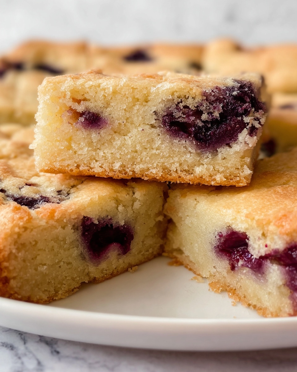 A close-up image of a round baked cake sliced into square pieces, with one piece stacked on top at the center. The cake has two visible layers: the bottom layer is light golden brown with a soft, moist texture, and the top layer is a slightly darker golden crust. Dark purple spots of fruit are scattered inside the cake, showing moist, juicy areas. The cake sits on a white plate with a smooth surface, placed on a white marbled texture background. photo taken with an iphone --ar 4:5 --v 7