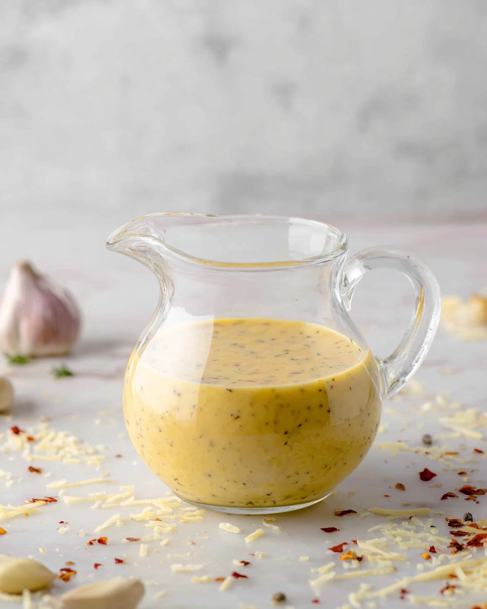 A clear glass pitcher with a rounded body and a small spout is filled about one-third with a creamy, yellow sauce speckled with small black herbs or spices. The pitcher sits on a white marbled surface scattered with small bits of shredded cheese, whole garlic cloves, and red pepper flakes. The background is soft and blurred but continues the white marbled texture. photo taken with an iphone --ar 4:5 --v 7
