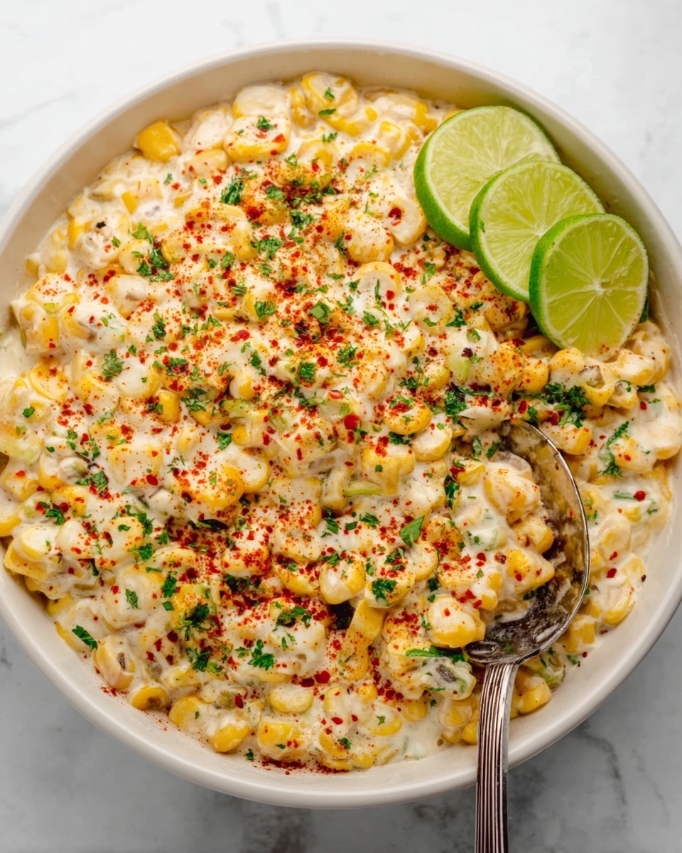 The image shows a white bowl filled with a creamy corn dish made from yellow corn kernels mixed with a white creamy sauce. There are three light green lime wedges placed on one side of the bowl. The dish is sprinkled with red chili powder and finely chopped green herbs, adding dots of red and green on the cream and corn. A silver spoon with a long handle is inside the bowl, scooping up a portion of the corn mixture. The bowl sits on a white marbled surface. Photo taken with an iphone --ar 4:5 --v 7
