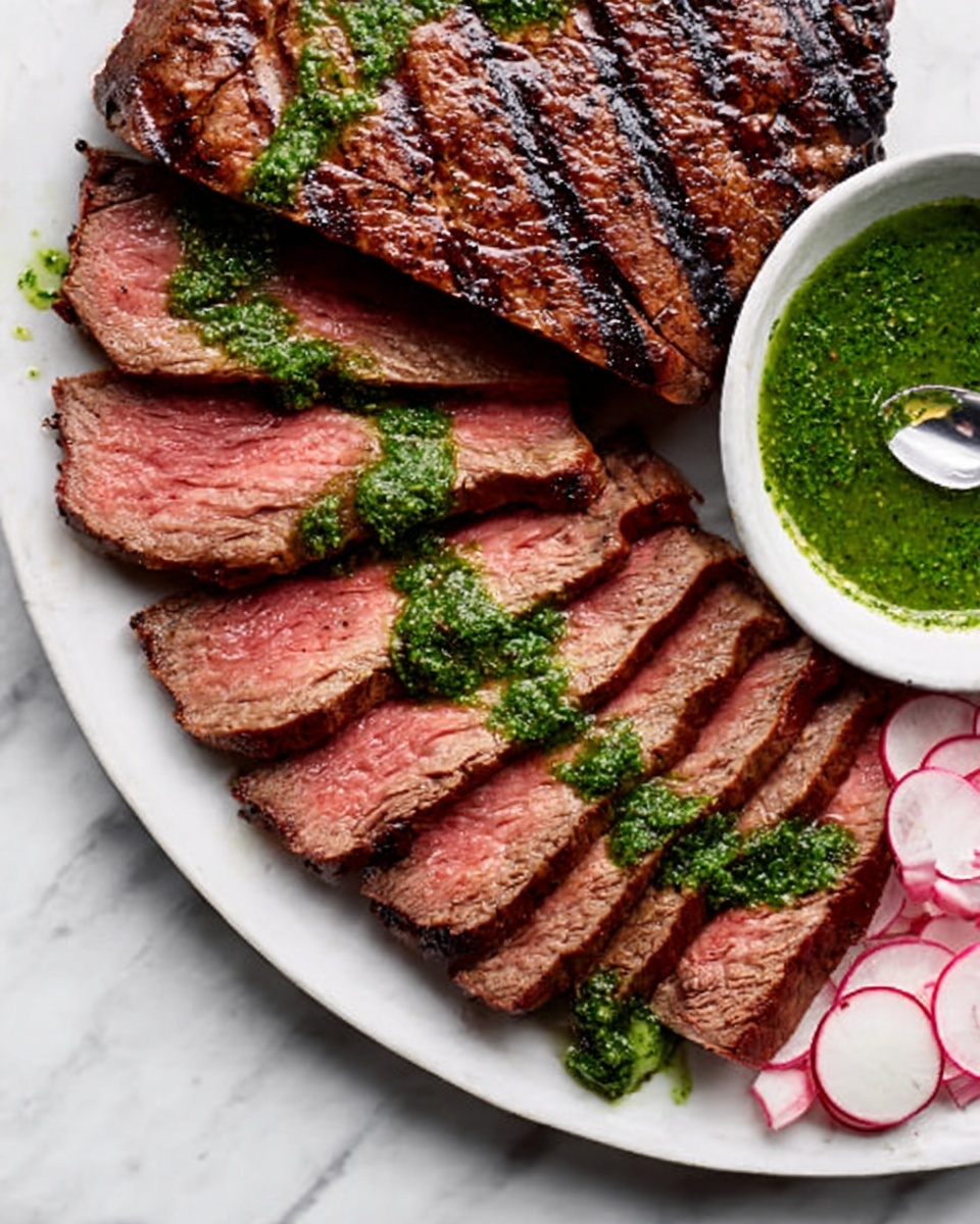 The image shows a white plate on a white marbled surface filled with sliced grilled steak arranged in a neat row, the steak pieces are medium-rare with a pink center and a browned, slightly charred outer edge. The top half of the plate holds a larger piece of the grilled steak with clear grill marks, and a bright green herb sauce is drizzled in thin lines over the slices. On the bottom left corner, there are thinly sliced round radishes with a pale pink center and white edges. A small white bowl with more green herb sauce and a spoon is placed beside the steak. Photo taken with an iphone --ar 4:5 --v 7
