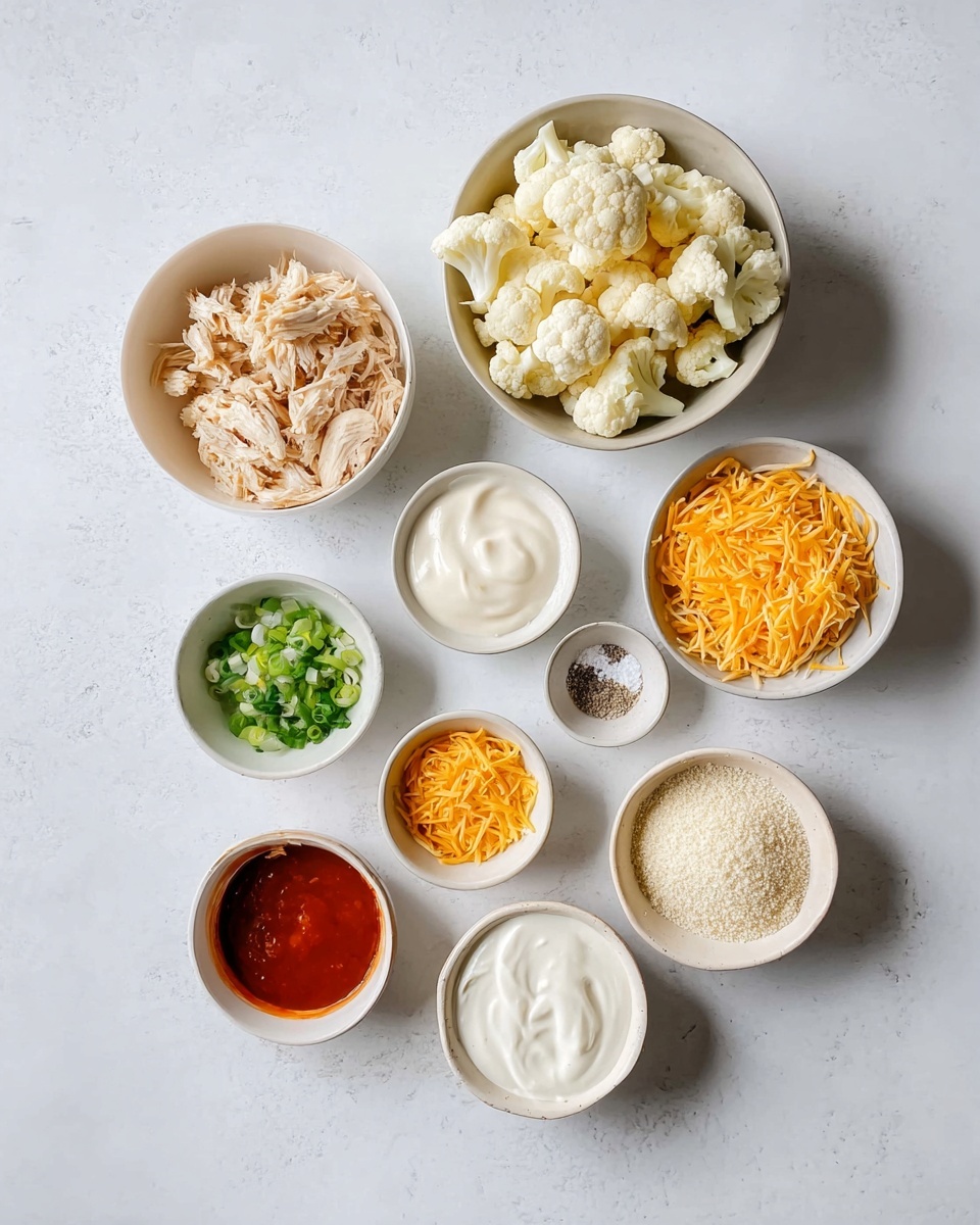The image shows several small white bowls arranged on a white marbled surface, each containing different ingredients for a recipe. From the top left, there is a bowl filled with shredded cooked chicken, next to it on the right is a bowl full of cauliflower florets. Below the chicken, a bowl has two types of shredded cheese, orange and yellow, side by side. To the right of the cheese, a small bowl contains chopped green onions. Below the chicken and cheese, there is a bowl with a red sauce. Next to this, a white bowl is full of panko breadcrumbs. Under the sauce bowl, a bowl contains plain white yogurt, and next to it on the left, a smaller bowl holds sour cream. To the left of the sour cream bowl, a small bowl has salt and pepper mixed. Below the salt and pepper, another small bowl contains flour. Finally, to the right of the flour, a small bowl holds oil. All bowls are simple and white, arranged neatly on the smooth white marbled background, well lit with soft natural light, photo taken with an iphone --ar 4:5 --v 7