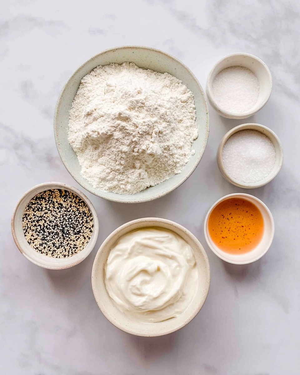 The image shows six bowls of different sizes arranged on a white marbled surface. In the center is a large bowl filled with white flour, which has a slightly textured surface with some small lumps. To the right of it is a medium bowl filled with thick, smooth white yogurt with soft peaks. Below the flour bowl is a small white bowl containing a slightly foamy orange liquid. At the top right, there is a small bowl of fine white salt with a rough texture. At the top left is a smaller bowl holding white granulated sugar. The leftmost bowl is medium-sized and contains a mix of black and white sesame seeds, giving it a textured and grainy look. photo taken with an iphone --ar 4:5 --v 7
