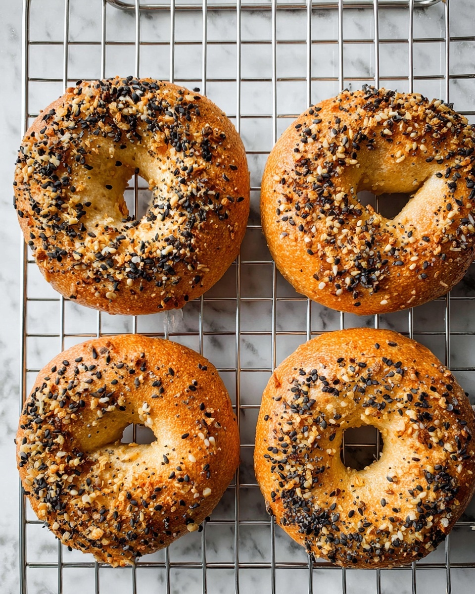 The image shows four golden-brown bagels on a silver cooling rack over a white marbled surface. Each bagel is topped with a mix of black and white sesame seeds, flaky salt, dried minced onions, and poppy seeds, giving a textured, speckled look on top. The bagels have a smooth yet slightly rough surface with a round hole in the middle, except one slightly misshapen bagel with an imperfect hole. The lighting highlights the shiny and crispy outer crust, showing the contrast between the dark seed toppings and the warm brown dough. Photo taken with an iphone --ar 4:5 --v 7