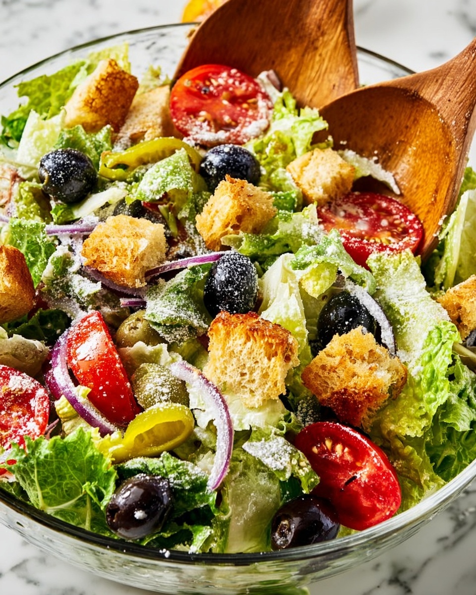 A clear bowl filled with a fresh salad showing multiple layers: the base layer has mixed green lettuce leaves with a rough and curly texture; scattered on top are shiny black olives and bright yellow pepperoncini peppers; there are sliced red tomatoes with visible seeds and a juicy texture evenly spread; golden brown croutons with a crispy, rough surface are sprinkled over the salad; a light creamy dressing is drizzled over everything, and a dusting of white cheese powder finishes the top; two smooth wooden salad spoons rest on the side of the bowl, all set against a white marbled background photo taken with an iphone --ar 4:5 --v 7