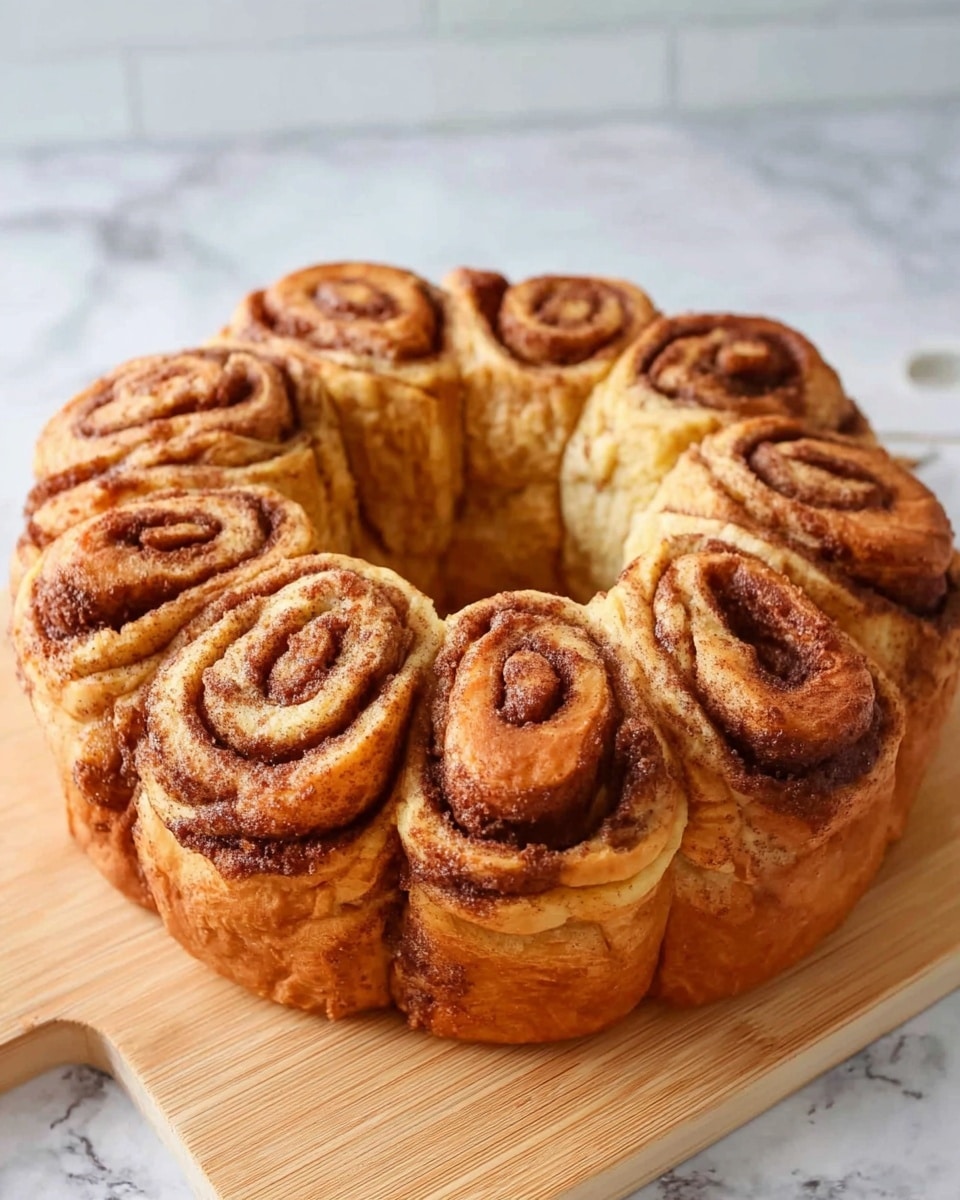 The image shows a round cinnamon roll cake with multiple soft, puffy rolls joined together in a ring shape. Each roll has swirled layers of light brown dough with darker brown cinnamon filling inside, giving a textured look. The cake is on a light wooden board, and the background is a white marbled surface with subtle gray veins. photo taken with an iphone --ar 4:5 --v 7