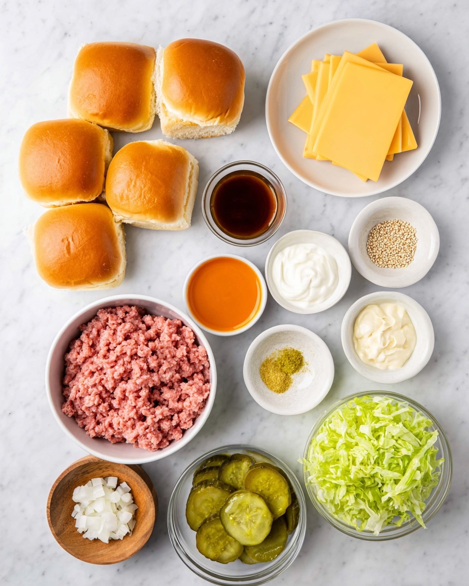 The image shows various ingredients for a burger arranged neatly on a white marbled surface. At the top left, there is a cluster of soft, golden brown bread rolls, beside a small stack of yellow cheese slices. Around the center, there are small white and wooden bowls holding bright orange sauce, dark brown sauce, white mayonnaise cream, white minced onions, yellow mustard, light brown seasonings, and sesame seeds. A round white bowl holds raw ground meat with a pink and chunky texture. Surrounding these are green, shredded lettuce in a clear bowl, and sliced pickles in a clear bowl, both adding fresh green tones. The ingredients are evenly spaced and viewed from above, with soft, natural lighting giving a clean and fresh look. Photo taken with an iphone --ar 4:5 --v 7