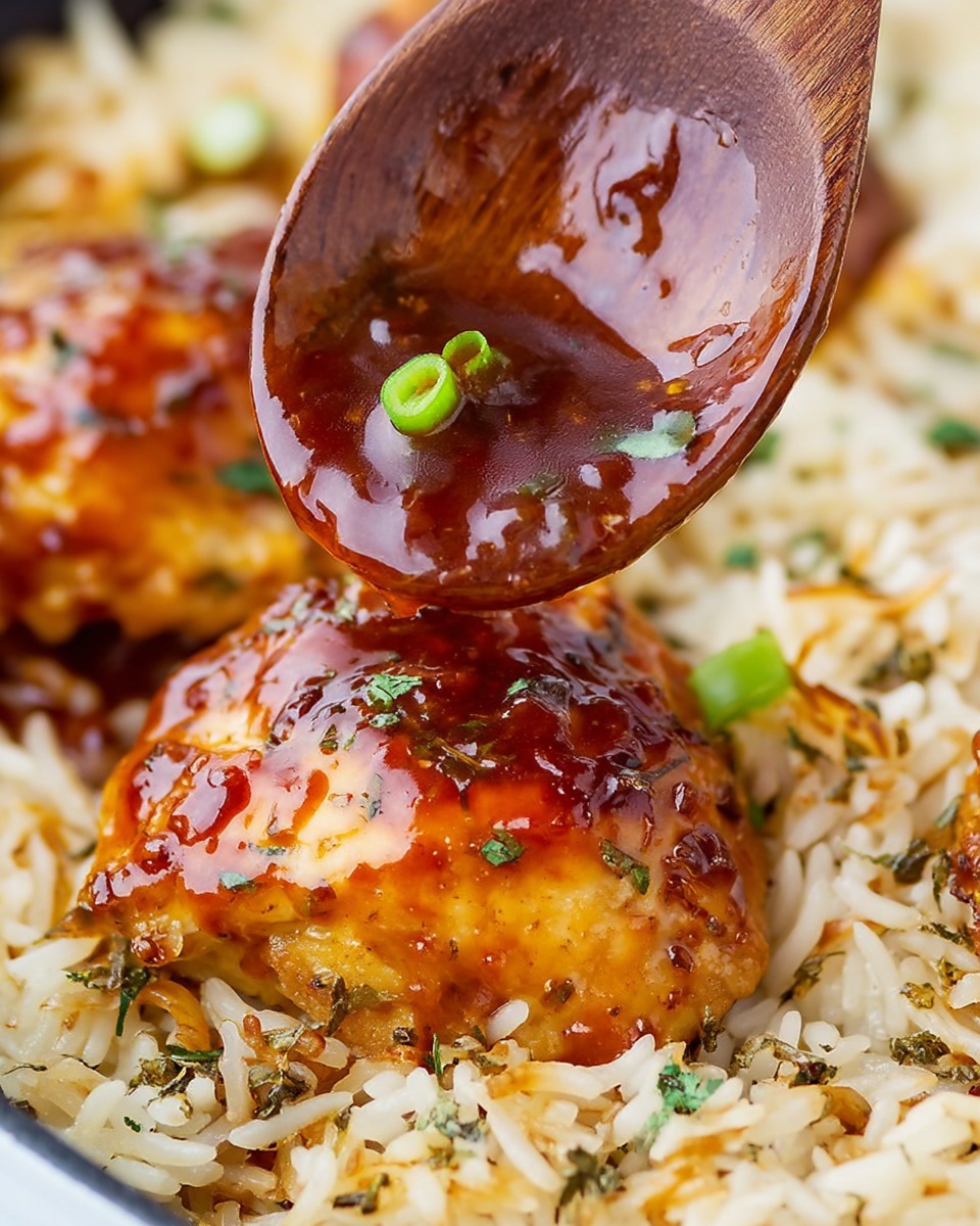 A close-up image shows a piece of golden-brown chicken covered in a thick, shiny, reddish-brown sauce with visible small bits, placed on a bed of light-colored rice mixed with herbs and thin slices of onion. A wooden spoon, coated with the same sauce, hovers above the chicken, dripping sauce onto it. Small green onion pieces are scattered on top of the chicken and rice. The dish is set against a white marbled texture background. photo taken with an iphone --ar 4:5 --v 7