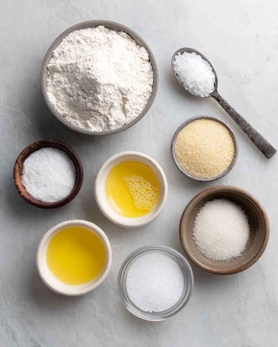 The image shows seven small bowls and a spoon arranged neatly on a white marbled surface. The largest bowl, near the top left, holds a pile of white flour with a powdery texture. To its right, a spoon is filled with coarse white salt. Below the spoon, there is a small white bowl containing fine salt. To the right of the salt bowl is a small brown bowl with light beige yeast granules. Another small white bowl holds a frothy yellow mixture which looks like beaten eggs, placed near the bottom right. At the bottom left, a white bowl contains a yellow liquid, likely melted butter or oil. Between the butter and egg is a small brown bowl filled with granulated white sugar. Lastly, near the center bottom is a small clear bowl with a fine white powder, possibly baking powder or baking soda. All bowls and the spoon sit neatly spaced on the white marbled background. Photo taken with an iphone --ar 4:5 --v 7