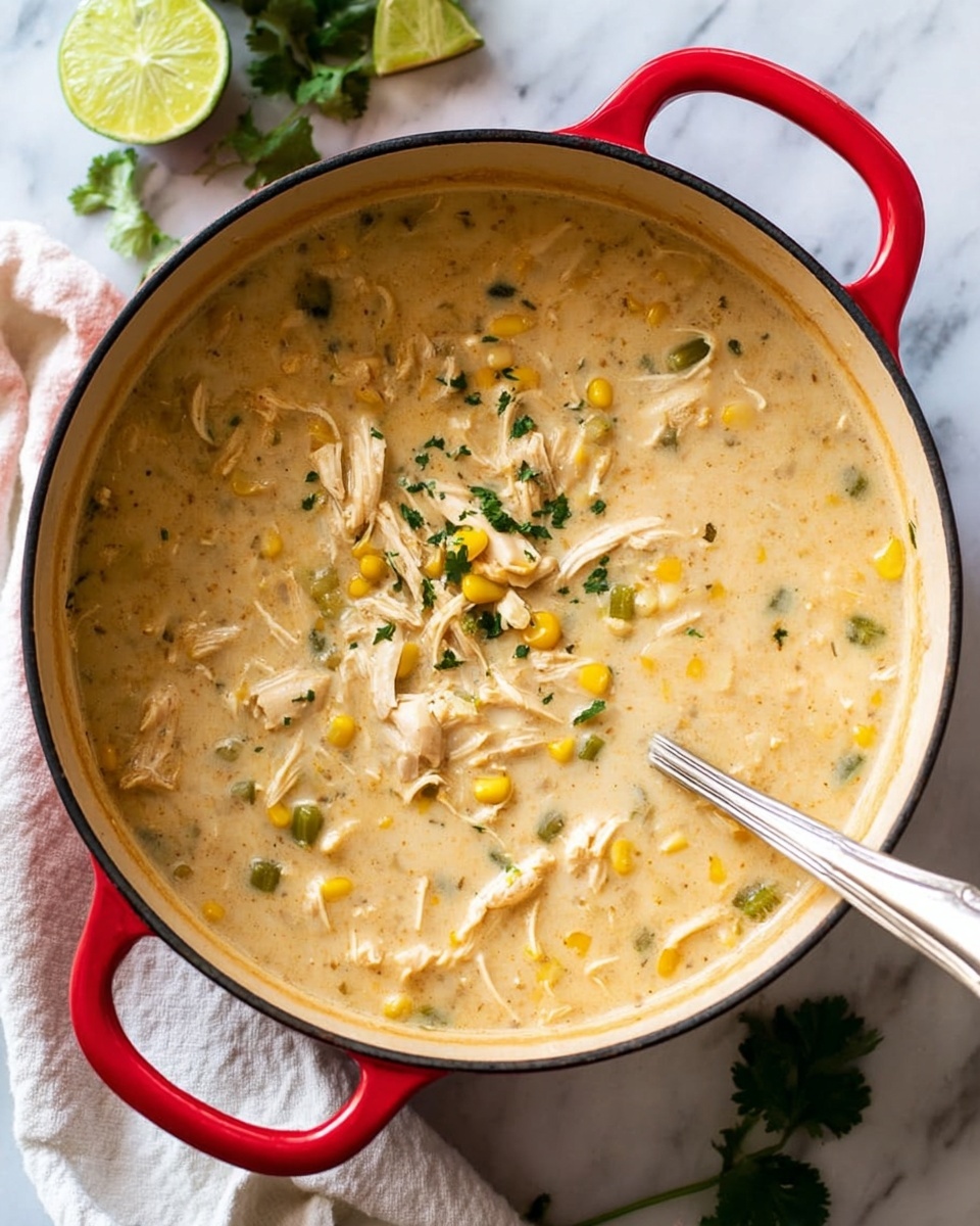 A large red pot filled with thick, creamy soup in light beige color mixed with shredded pieces of white chicken, yellow corn kernels, and green diced peppers. The soup has a smooth texture with visible small grainy bits, and a silver ladle rests inside the pot near the right side. The pot is placed on a white marbled surface with a few lime wedges and green cilantro leaves beside it, and a soft white cloth with gentle folds sits under the handle. Photo taken with an iphone --ar 4:5 --v 7