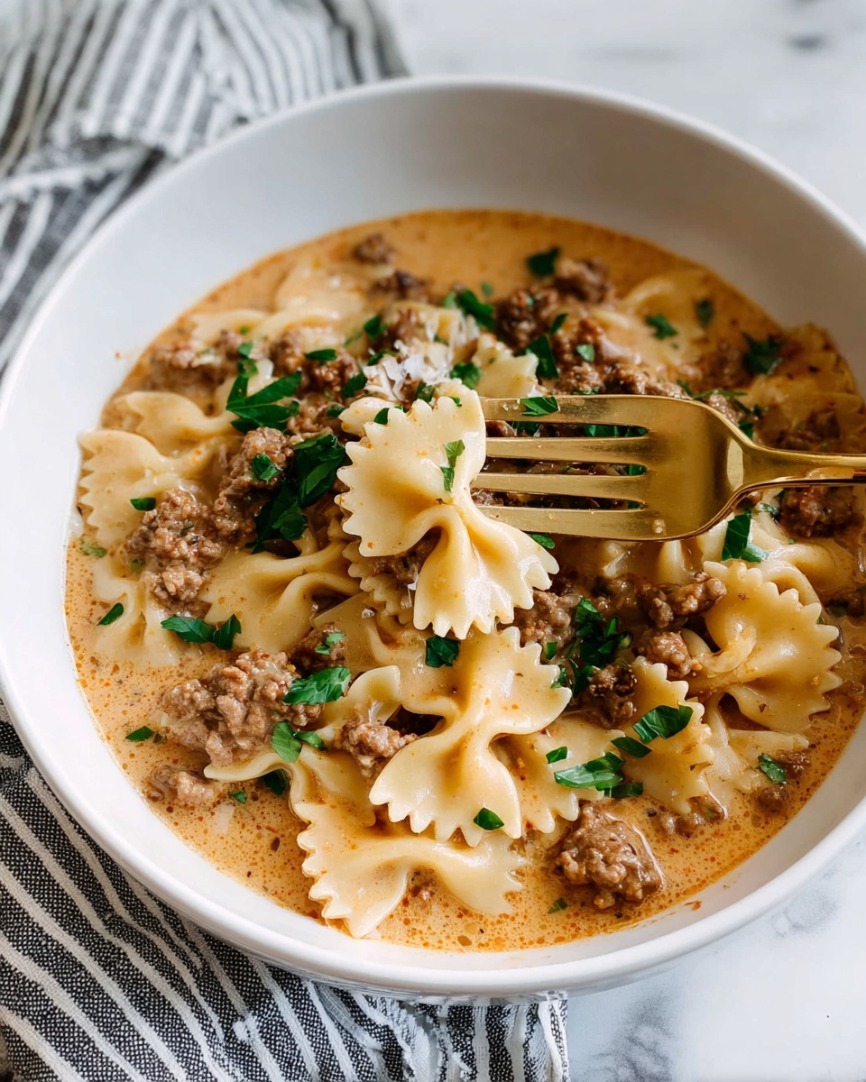 A white bowl holds a creamy pasta dish with three main layers: the bottom layer is a smooth light tan sauce, the middle layer consists of small mixed ground meat pieces in brown color, and the top layer shows bow-tie shaped pasta in pale yellow partially soaked in sauce. Green chopped herbs are sprinkled on top, adding fresh color. A gold fork is placed inside the bowl lifting some pasta and meat, ready for eating. The bowl is placed on a white marbled surface with a striped grey and white cloth nearby. Photo taken with an iphone --ar 4:5 --v 7