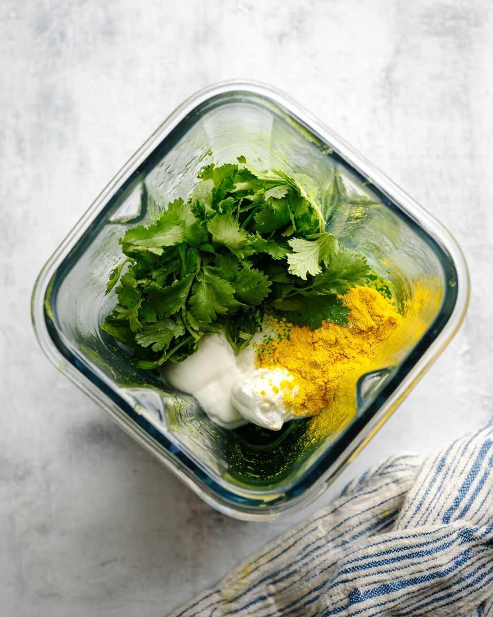 A clear square glass blender jar sits on a white marbled surface, filled with fresh green cilantro leaves on the left side, a small dollop of white cream in the center, a heap of bright yellow powder on the right, and a dark green liquid resting below the cream and cilantro. A striped cloth with blue and white lines is partly visible at the bottom right corner. photo taken with an iphone --ar 4:5 --v 7