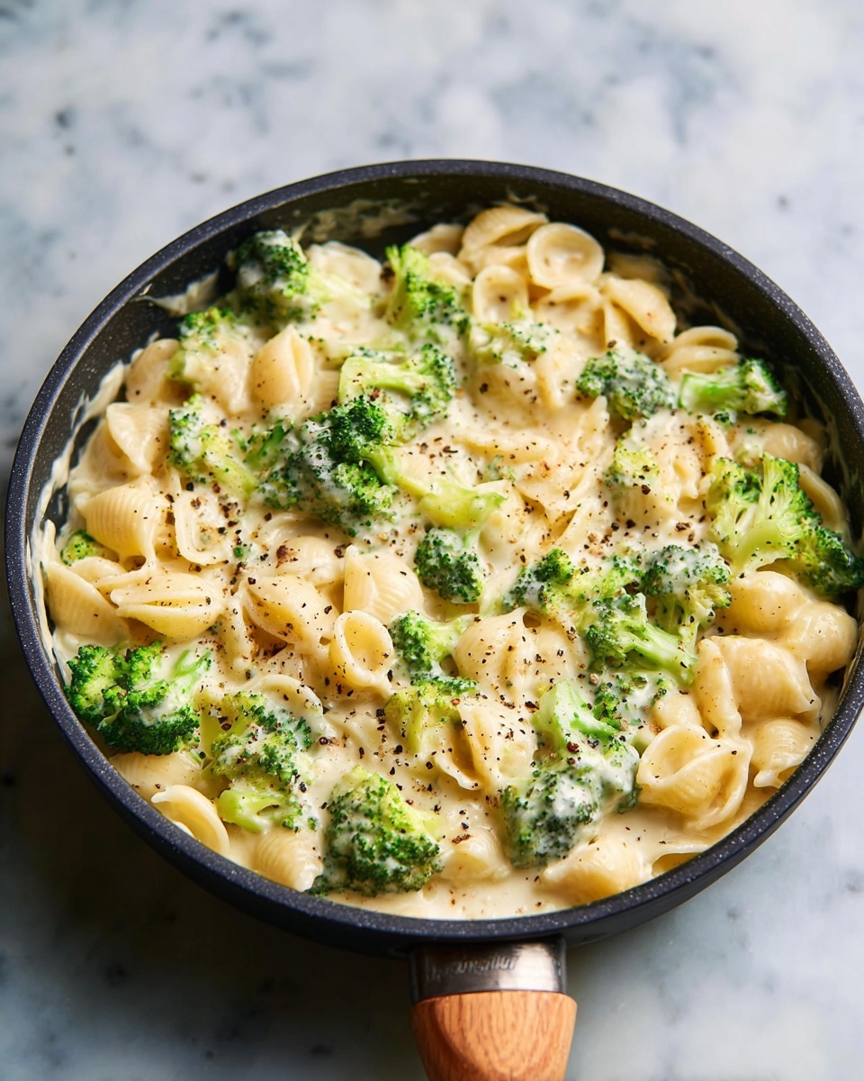 A black pan with a wooden handle holds a creamy pasta dish on a white marbled surface. The dish has small shell pasta mixed evenly with bright green broccoli florets, all covered in a thick, smooth, light cream sauce. There is a light sprinkle of black pepper on top, creating small dark specks on the creamy surface. The pasta and broccoli pieces are spread out, filling the pan fully, showing a mix of soft textures and slight creaminess. Photo taken with an iphone --ar 4:5 --v 7