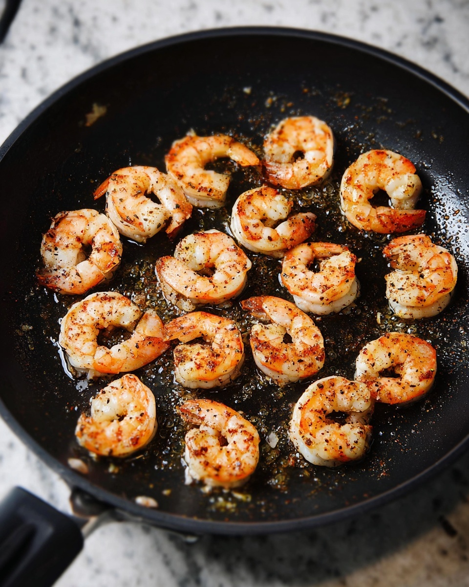 A black frying pan filled with about sixteen shrimp pieces cooking evenly, each shrimp curled into a crescent shape with a light pink and white color, sprinkled with reddish-brown seasoning and small black pepper flakes. The pan has a slightly shiny surface with small oil droplets and a handle extending to the right. The background shows a white marbled texture. photo taken with an iphone --ar 4:5 --v 7
