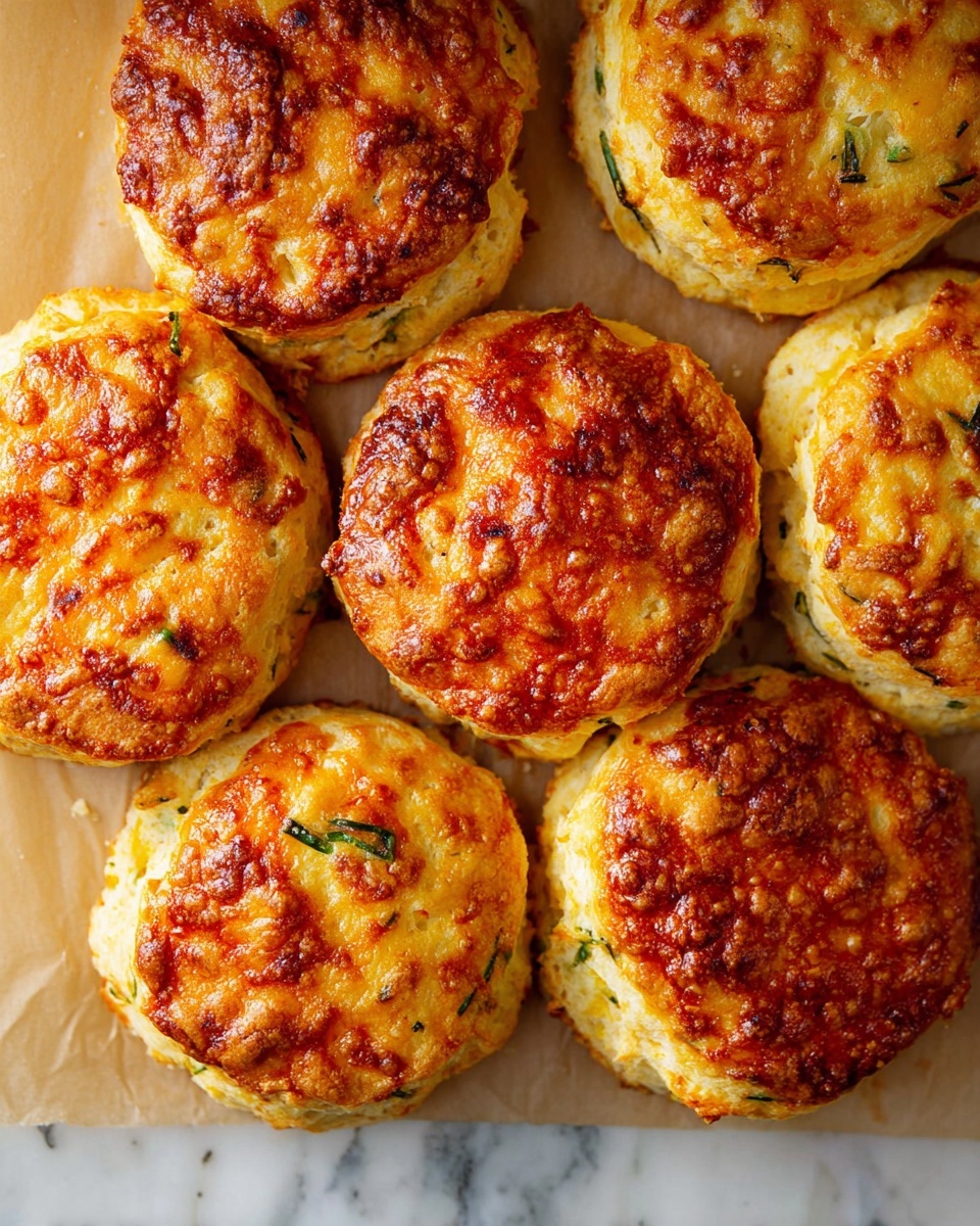 The image shows several round, golden-brown biscuits on a parchment paper, placed on a white marbled surface. Each biscuit has a textured top with a shiny, slightly crispy, deep orange-brown crust, with some darker spots. The sides of the biscuits are pale yellow and soft-looking, dotted with small green herbs inside, giving a fresh touch. The biscuits are arranged close to each other, showing their fluffy and thick layers clearly. photo taken with an iphone --ar 4:5 --v 7