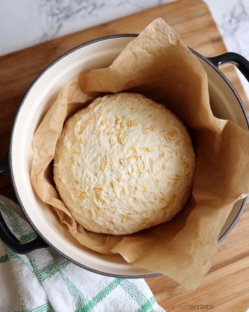 The image shows a round dough ball placed in a white pot lined with brown parchment paper. The dough is pale with a slightly rough texture and small oat flakes scattered on top. The pot has black handles and sits on a wooden surface next to a white and green checkered cloth. The background is changed to a white marbled texture. photo taken with an iphone --ar 4:5 --v 7