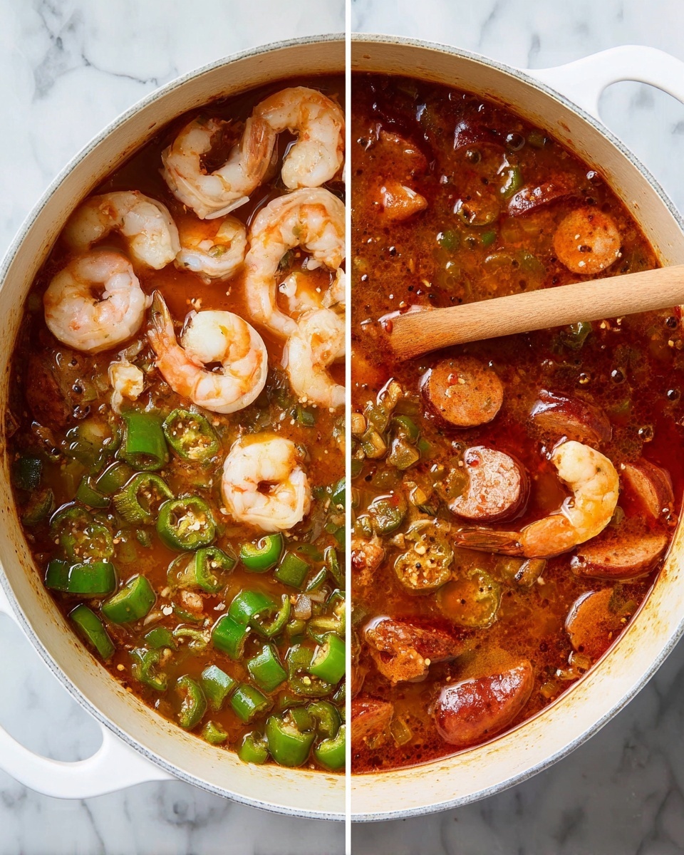 The image shows a white pot filled with a thick, reddish-brown stew. The stew has many visible layers including shrimp, sliced sausage, and sliced green okra floating in the liquid. The left side shows uncooked shrimp sitting on top of the stew with bright green okra pieces scattered around. The right side shows the stew with cooked shrimp and sausage mixed in, with a wooden spoon stirring the contents. The stew surface has a glossy, oily texture with small bubbles and pepper flakes visible. The pot sits on a white marbled surface. Photo taken with an iphone --ar 4:5 --v 7
