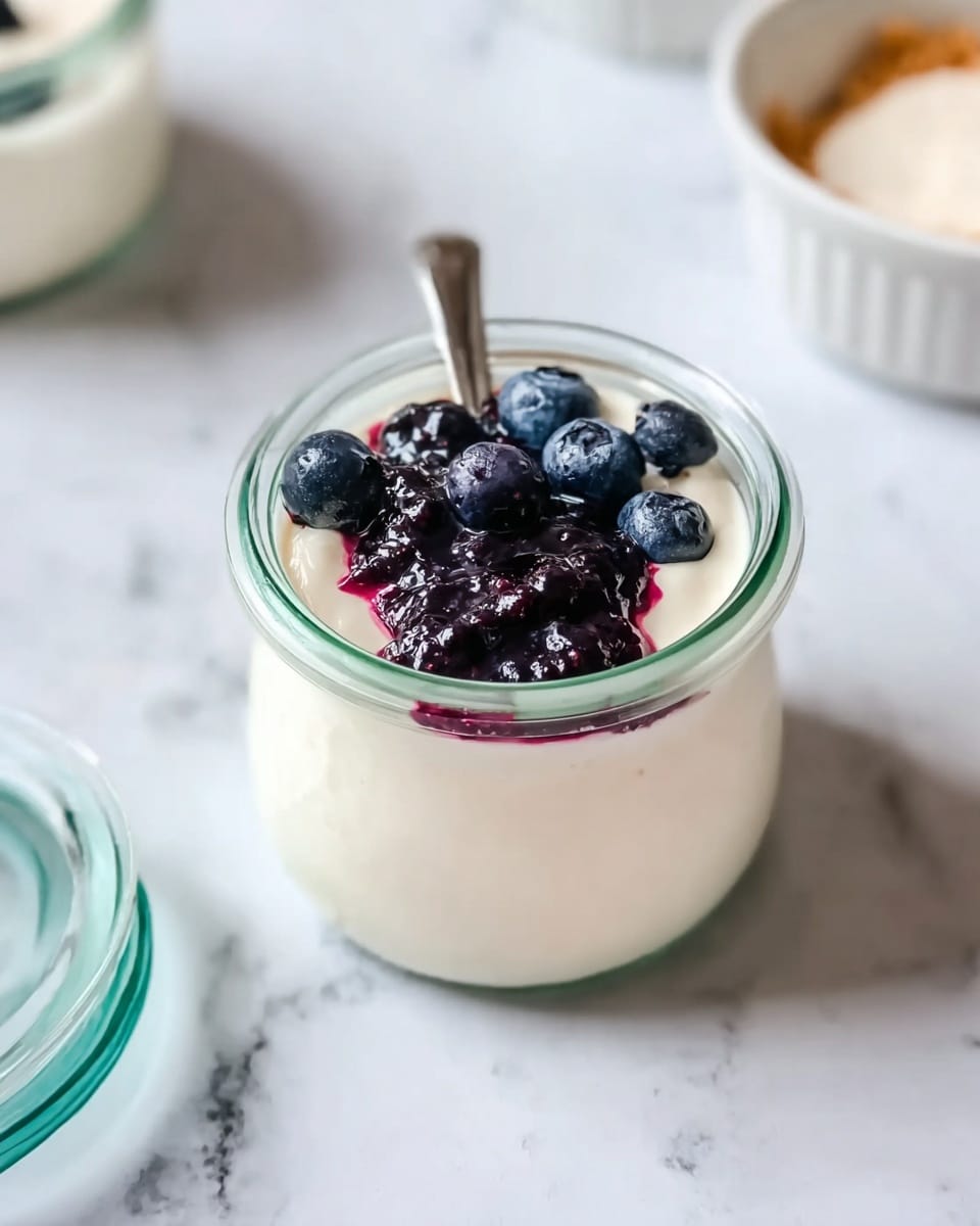 A small glass jar filled with creamy white yogurt topped with a spoonful of dark purple berry jam and fresh blueberries scattered on top. The jar is open with its white lid placed to the left on a white marbled surface. The background shows a blurred edge of a white bowl with a white creamy substance inside. Photo taken with an iphone --ar 4:5 --v 7