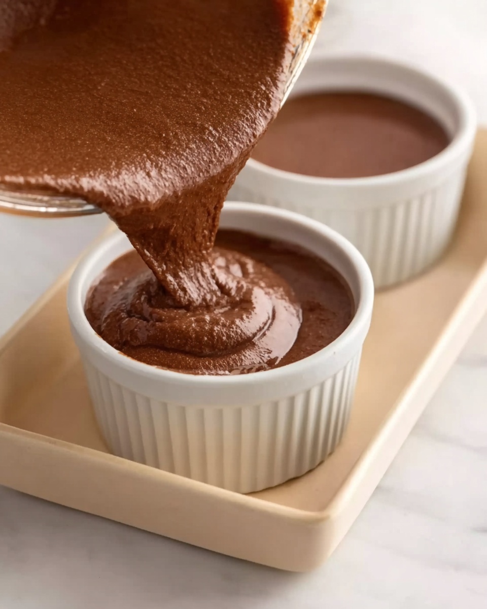The image shows rich, smooth chocolate batter being poured from a mixing bowl into a white ramekin. The batter is thick and dark brown with a slightly shiny texture, slowly folding as it fills the round ramekin underneath. The ramekin sits on a beige tray, and another empty white ramekin is partially visible nearby. The background is a white marbled surface, giving the scene a clean and bright look. Photo taken with an iphone --ar 4:5 --v 7