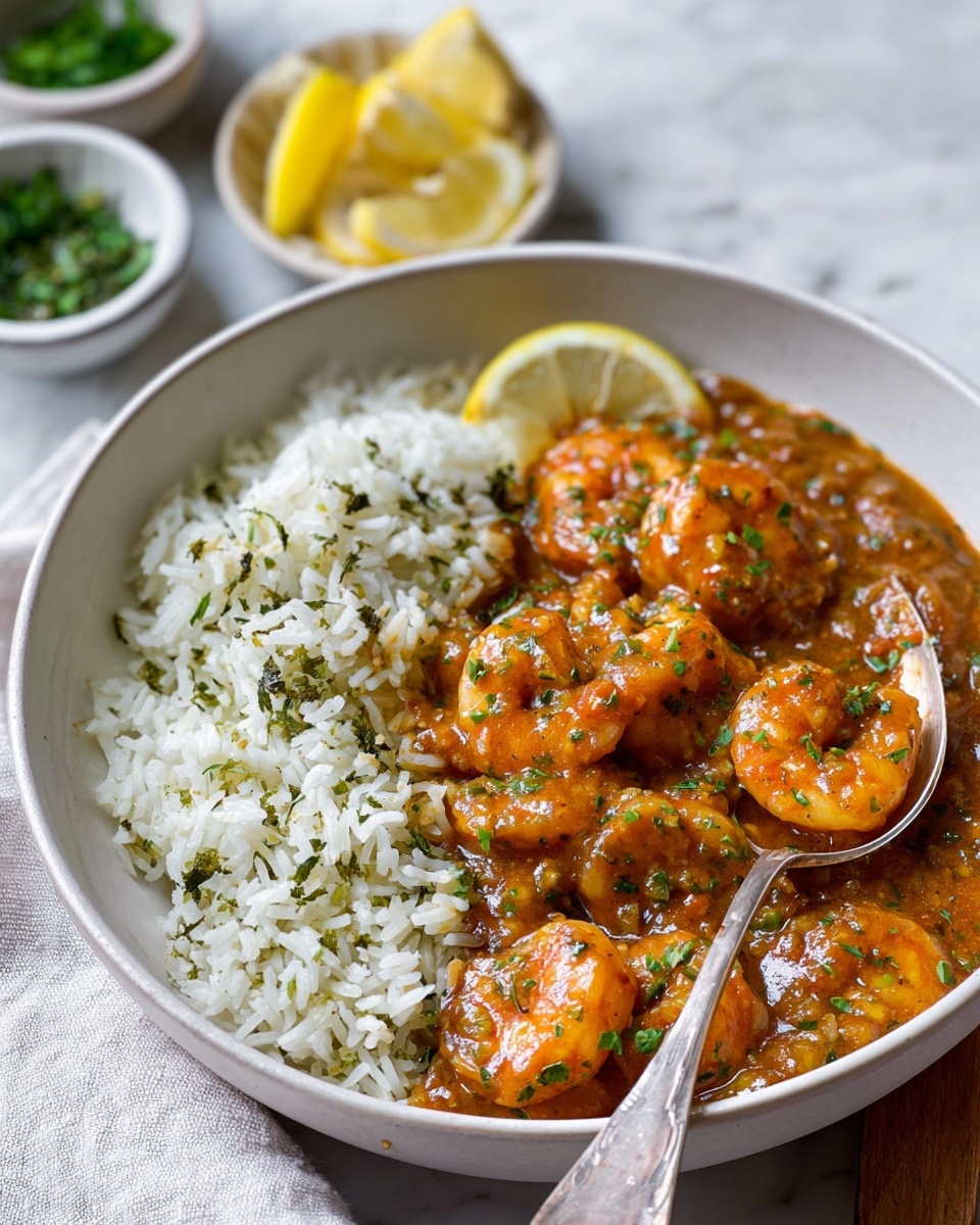A white bowl on a white marbled surface holds a dish with two main parts: a pile of white rice with green herb bits on the left, and a rich orange-brown saucy shrimp mixture on the right, where plump shrimp sit covered in a thick, textured sauce with green herb pieces. A silver fork rests on the edge of the bowl, partially over the shrimp, and two lemon wedges lay next to the shrimp at the center back of the bowl. In the background, small white dishes contain lemon wedges and green herbs, softly blurred. photo taken with an iphone --ar 4:5 --v 7