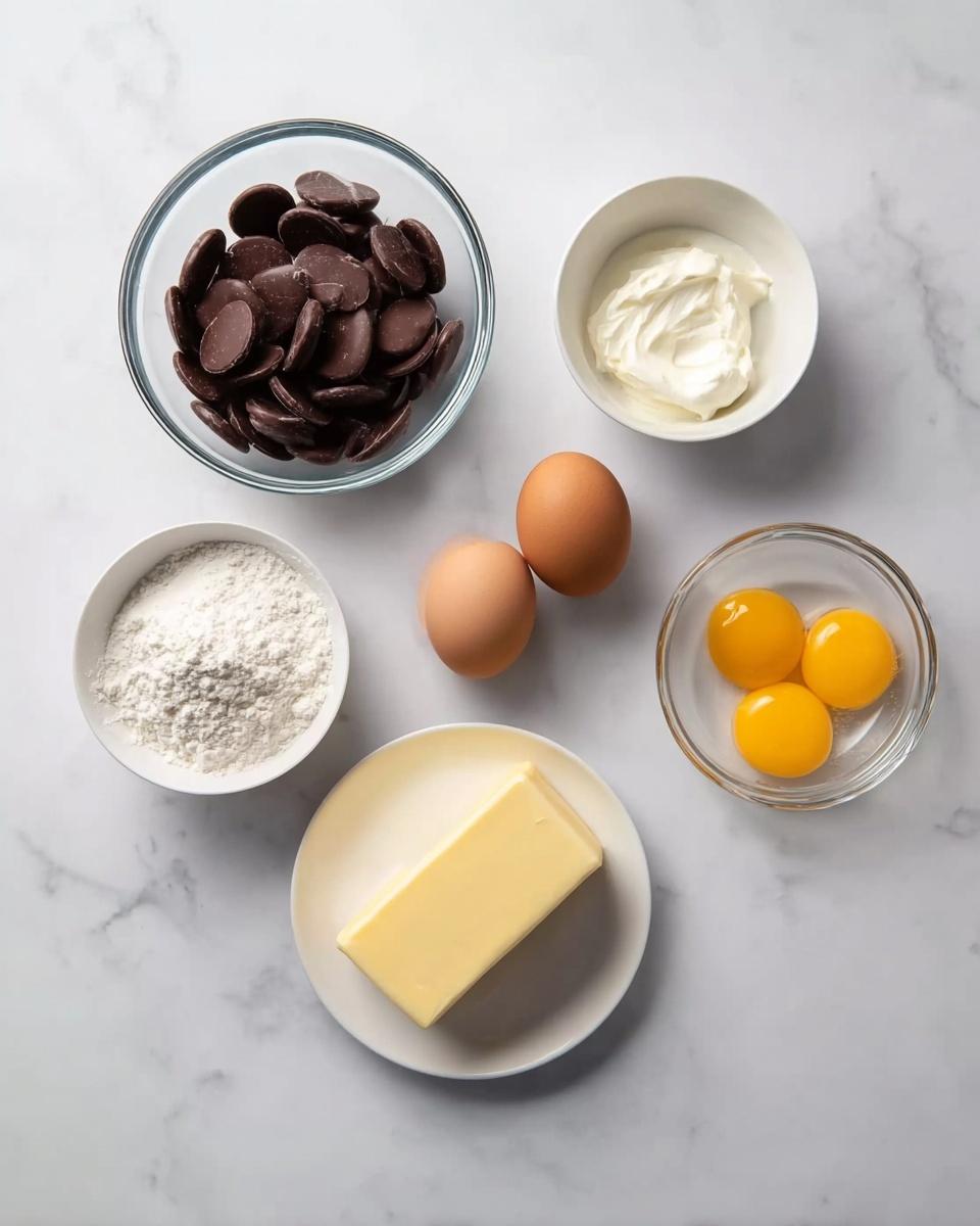 The image shows six small white bowls and a small white plate arranged on a white marbled surface. Starting from the top left, there is a clear glass bowl filled with oval-shaped dark brown chocolate pieces. Next to it on the right is a small white bowl with a white creamy substance. Below that is a small white bowl containing two brown eggs. To the bottom left, there is a small white bowl with white powder, likely flour. In the center at the bottom, a white plate holds a rectangular block of light yellow butter. On the bottom right, a small white bowl contains two bright yellow egg yolks. A small clear empty glass bowl is positioned to the right of the eggs. The overall setting is neat and clean. Photo taken with an iphone --ar 4:5 --v 7