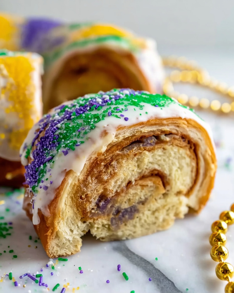 The image shows a close-up of a king cake slice with a soft, layered, light brown dough rolled in a swirl pattern. The top layer is coated with white icing and decorated with colorful sugar sprinkles in green, purple, and yellow, scattered unevenly. The cake rests on a white marbled surface with more sprinkles and a string of small gold beads nearby. Part of another piece of the cake is visible in the background, also covered with icing and sprinkles, adding a festive feel. The cake looks soft and moist with a slightly shiny icing top. photo taken with an iphone --ar 4:5 --v 7
