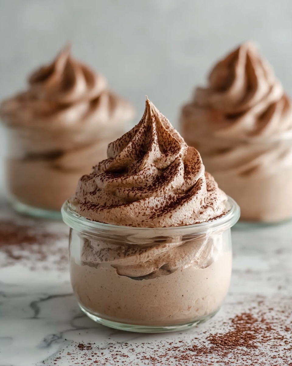 The image shows three small clear glass jars filled with light brown whipped cream, swirled smoothly inside each jar with a tall, soft peak on top. The whipped cream is lightly dusted with dark brown cocoa powder, giving a slight textured look on the top surface. The jars are placed on a white marbled table with some cocoa powder scattered around them. The focus is on the front jar, making the other two jars blurred in the background. photo taken with an iphone --ar 4:5 --v 7
