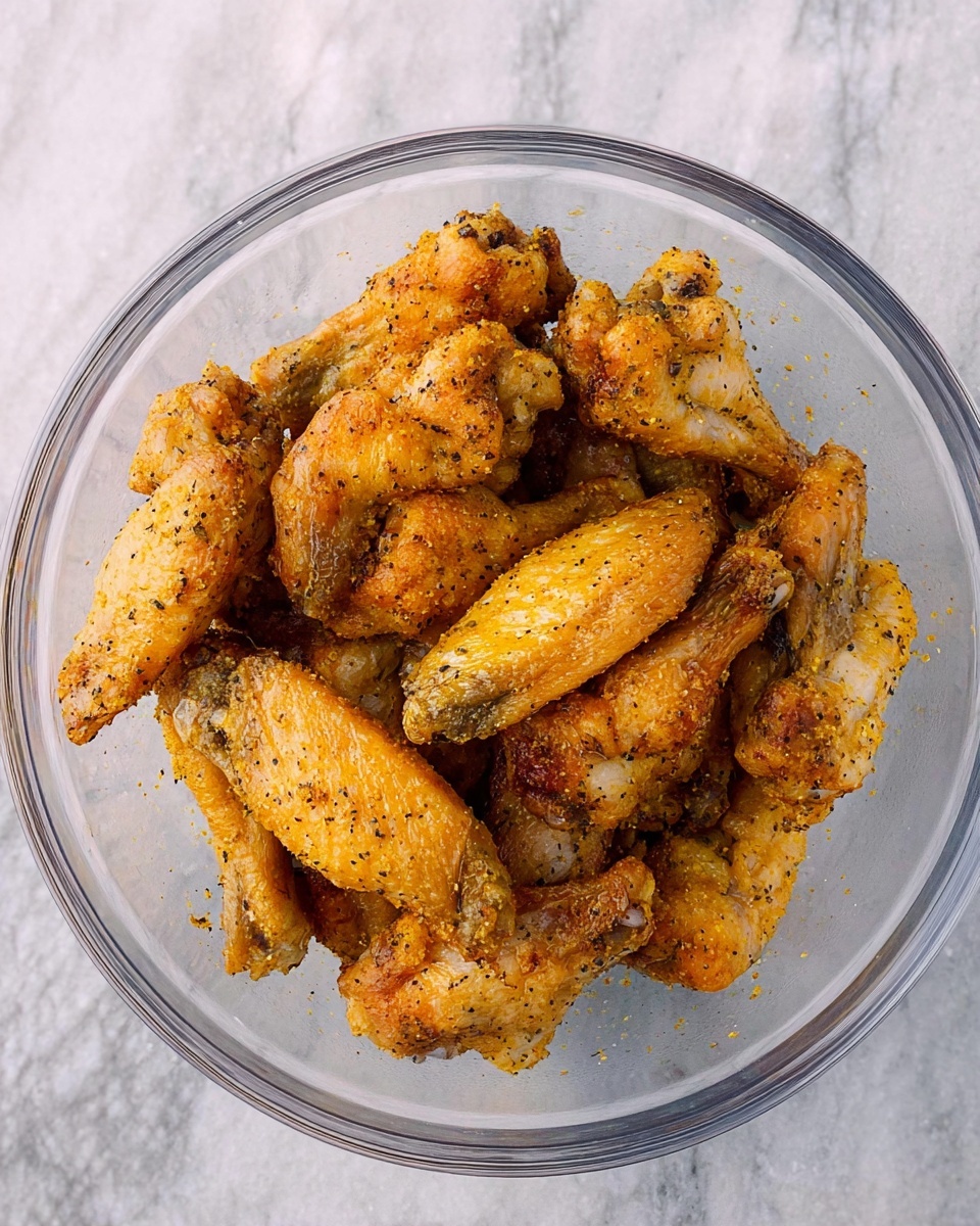 A clear glass bowl filled with a pile of golden brown cooked chicken wings, each piece coated evenly with a dry seasoning mix that is yellowish with flecks of black pepper. The chicken wings have a slightly crispy texture, and they are arranged close together in the bowl. The bowl is placed on a white marbled surface. Photo taken with an iphone --ar 4:5 --v 7