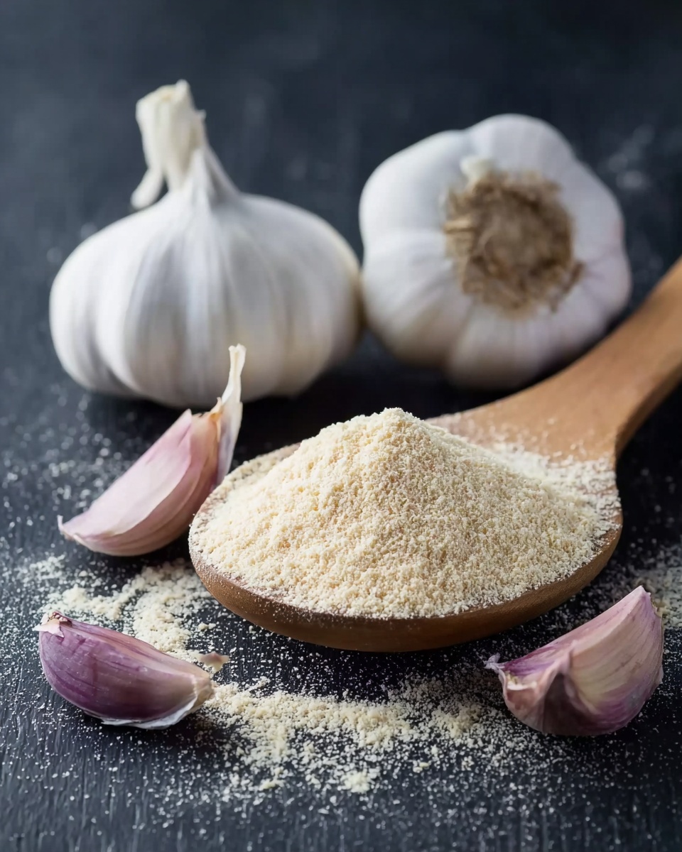A clear glass jar filled with light beige garlic powder stands centered on a white marbled surface. The jar has “GARLIC” written on it in blue-green letters. In front of the jar lies a gold spoon full of the same beige powder with some powder spilled around it. Surrounding the jar are raw, pale garlic cloves and small purple flowers placed gently on the surface. The background is a soft white marbled texture. photo taken with an iphone --ar 4:5 --v 7