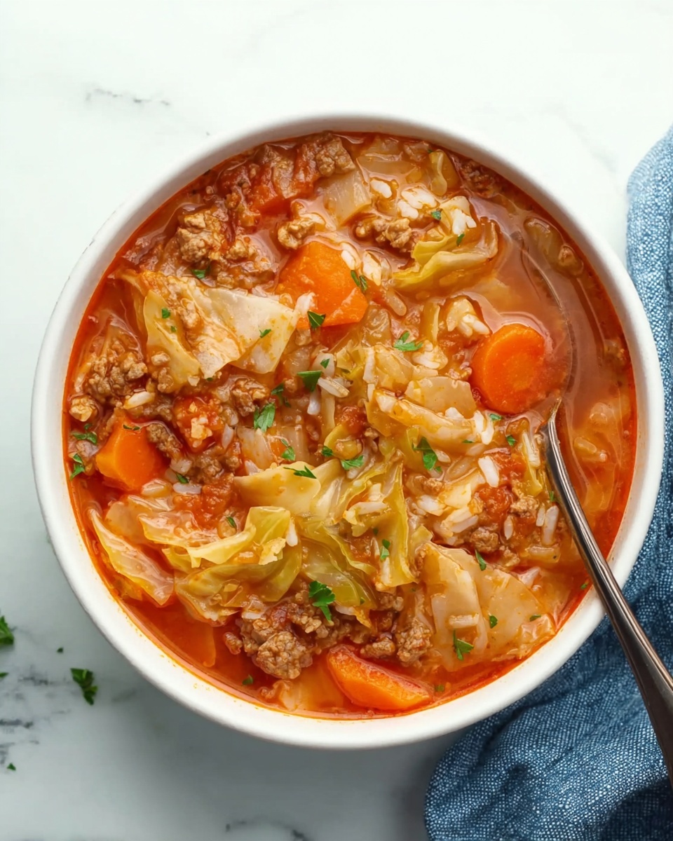 The image shows a white bowl filled with a chunky soup on a white marbled surface. The soup has a rich red-orange broth with visible chunks of light green cabbage leaves, small pieces of brown ground meat, orange carrot slices, and bits of cooked white rice. Small green herbs are sprinkled on top. The textures range from soft cabbage and meat to slightly firm carrots. Part of a blue cloth is visible near the bowl. photo taken with an iphone --ar 4:5 --v 7