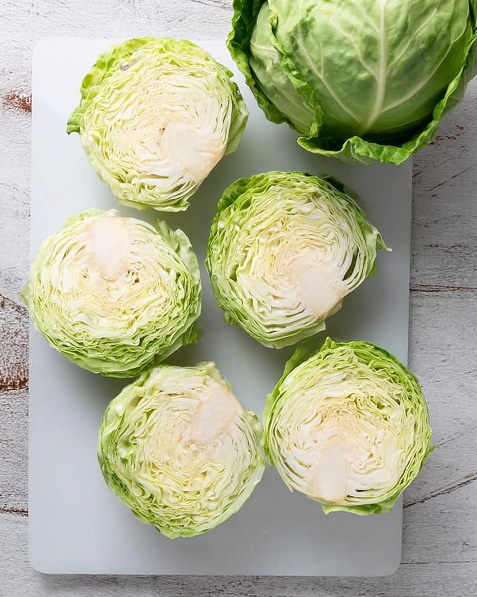 The image shows a white cutting board on a white marbled surface with several cabbage pieces arranged on it. There are five cut cabbage heads placed in a roughly circular pattern, each with tightly packed layers of pale green and creamy white leaves visible from the top. One whole cabbage is partially off the cutting board at the top left, showing its green outer leaves curling outward. The texture of the cabbage leaves is crisp and slightly veined, with a clear contrast between the darker green outer leaves and the lighter inner layers. The background is a white marbled texture. photo taken with an iphone --ar 4:5 --v 7