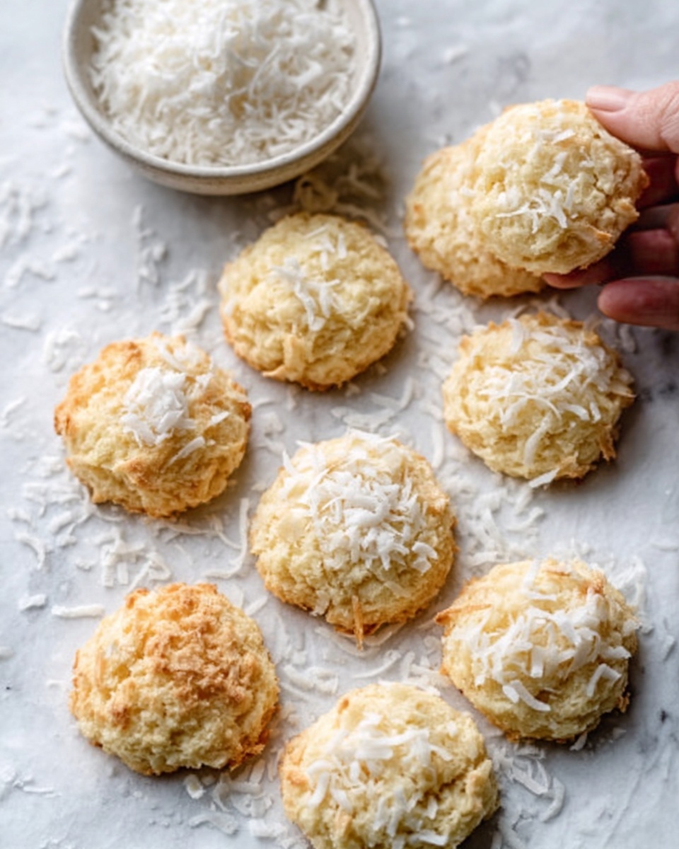 The image shows round cookies covered in shredded coconut placed on a white marbled surface, arranged loosely in a scattered pattern. Next to the cookies is a small white bowl filled with extra shredded coconut. The cookies are light golden brown with a rough texture from the coconut flakes all over. The image has a clean, bright look with soft shadows under the cookies and bowl. Photo taken with an iphone --ar 4:5 --v 7