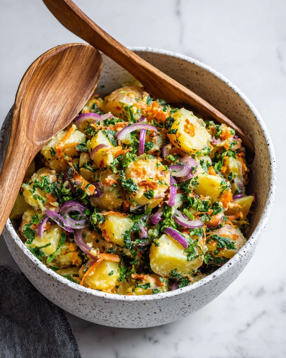 A white speckled bowl is filled with a colorful potato salad. The bottom layer has chunks of yellow potatoes, mixed with bright green chopped herbs and greens. Thin slices of purple onion and small pieces of orange carrot are spread evenly throughout the salad. Two wooden spoons rest inside the bowl, slightly overlapping on the left side. The bowl is placed on a white marbled surface. Photo taken with an iphone --ar 4:5 --v 7