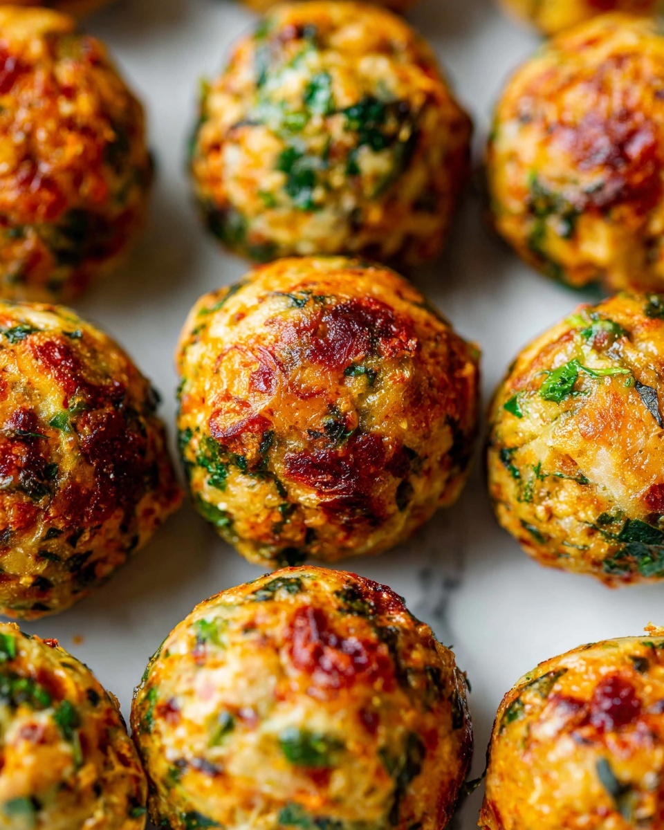 The image shows a white plate with a small clear bowl in the center filled with thick red tomato sauce. On top of the sauce, one golden-brown meatball with visible green herb bits is held by a wooden toothpick. Surrounding the bowl are more round, golden meatballs speckled with green herbs, also pierced by toothpicks. The plate is set on a white marbled surface with a light-colored textured cloth partly visible on the lower left side. Photo taken with an iphone --ar 4:5 --v 7